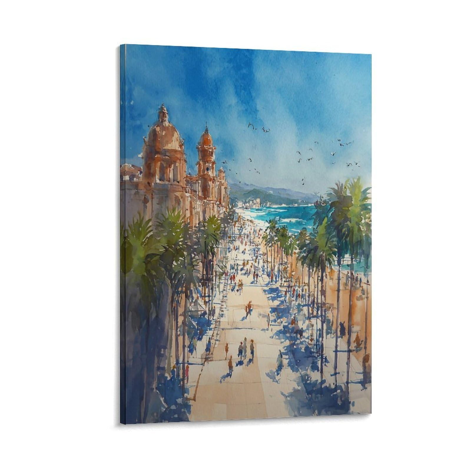 XWYMXZ La Jolla Coast Watercolor Painting San Diego Coastal Posters 24x36inch(60x90cm) Vintage Watercolor Canvas Art