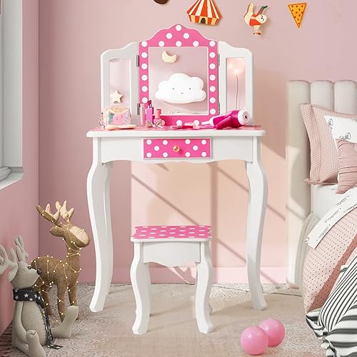 Miniatura 26 de Costzon Juego de mesa de tocador y silla para niños con espejo, taburete, cajón de almacenamiento, tocador de madera de princesa para niñas