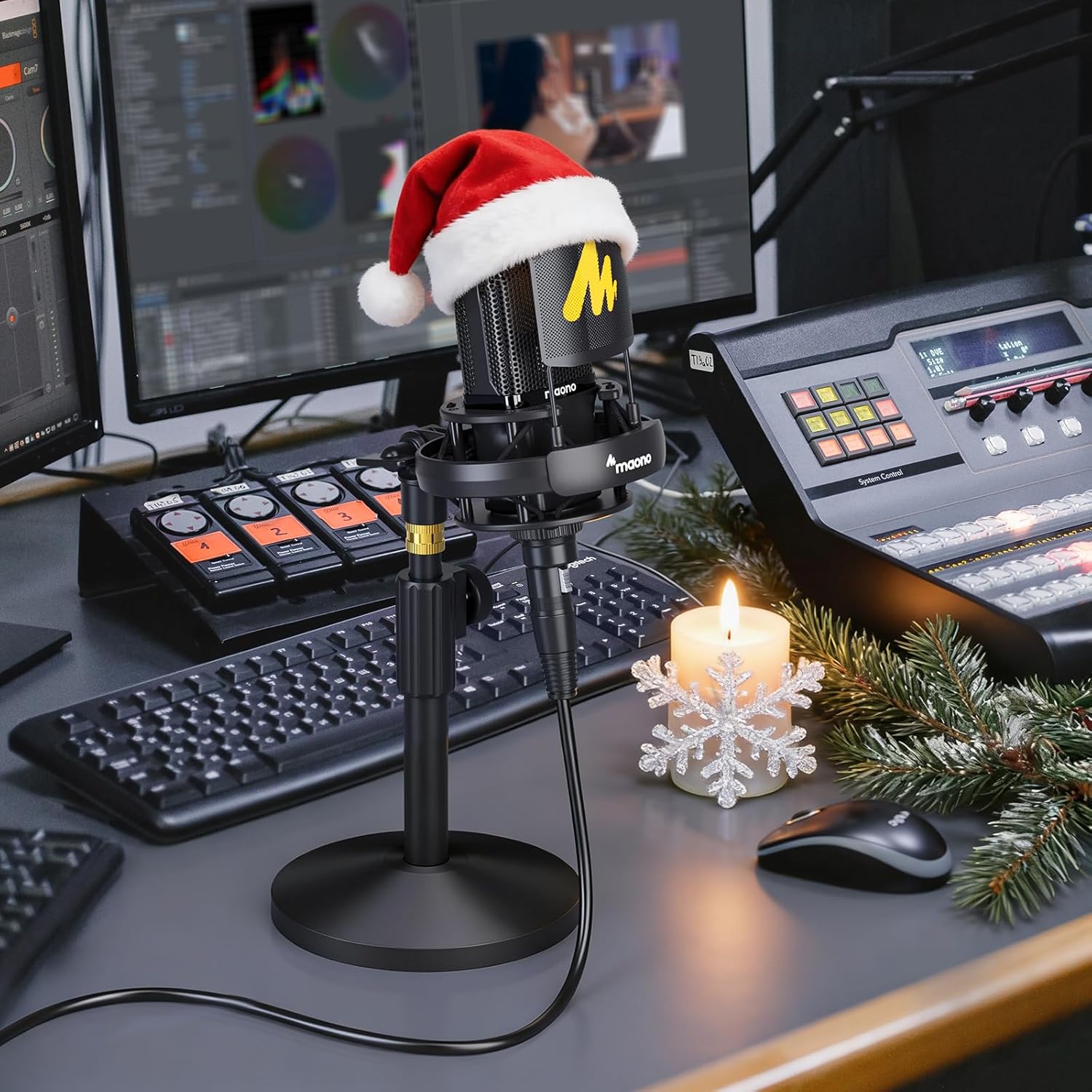 A person speaking into the MAONO PM500 microphone, which is set up on a desk with a computer and audio interface, illustrating typical usage.