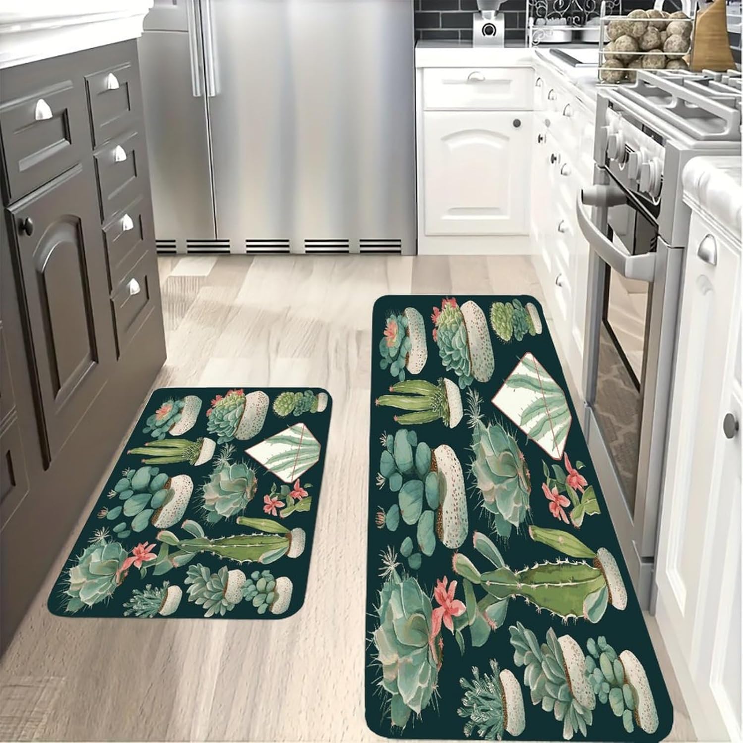 Succulent Plants and Cactus Kitchen Mat Set of 2 Ergonomic Comfort Velvet Rugs Cushioned Anti-Fatigue Non-Slip Standing Mats Thick Kitchen Floor Mat Carpet Runner Rugs 16"×24"+17"×47"