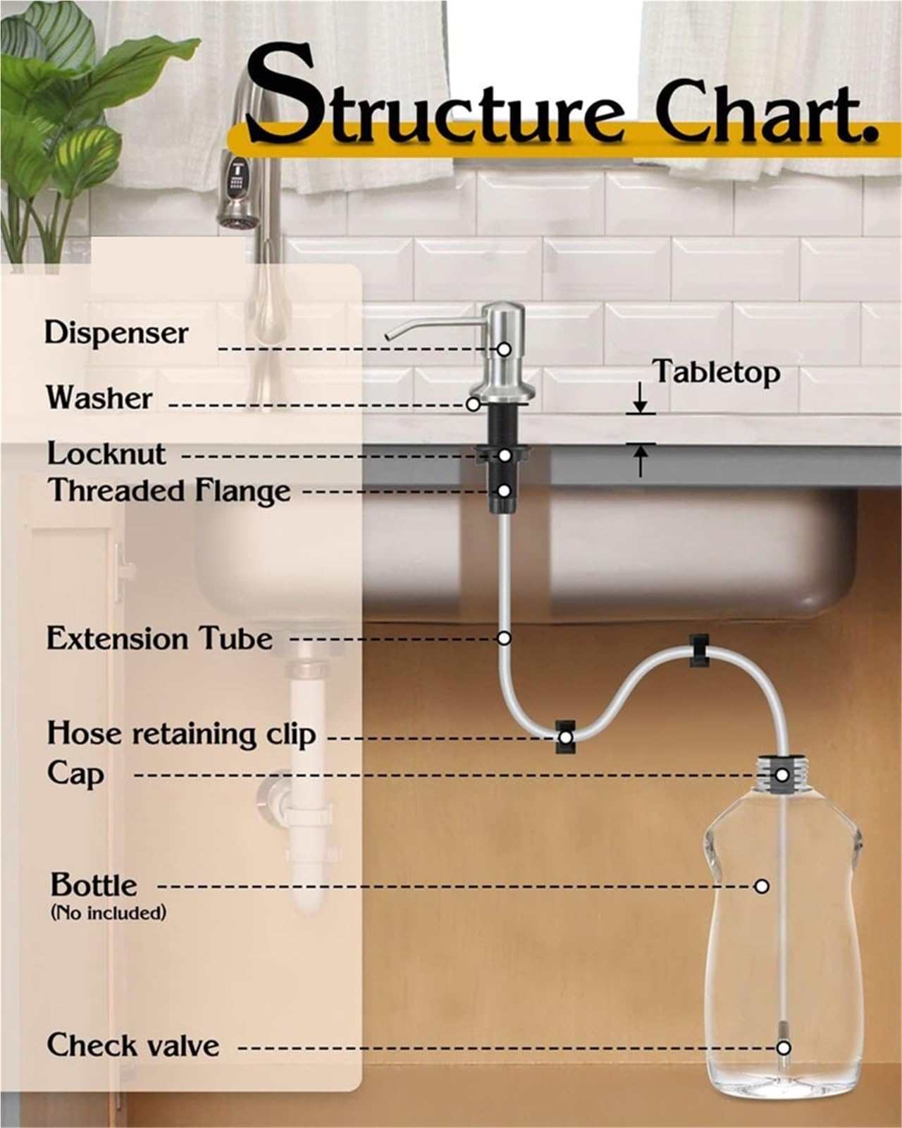 Dispenser per sapone da cucina Dispenser di sapone for lavello a pressione in acciaio inossidabile 304 da 17 once/500 ml con tubo prolunga 120 mm Pompa for liquido cucina e bagno per lavello