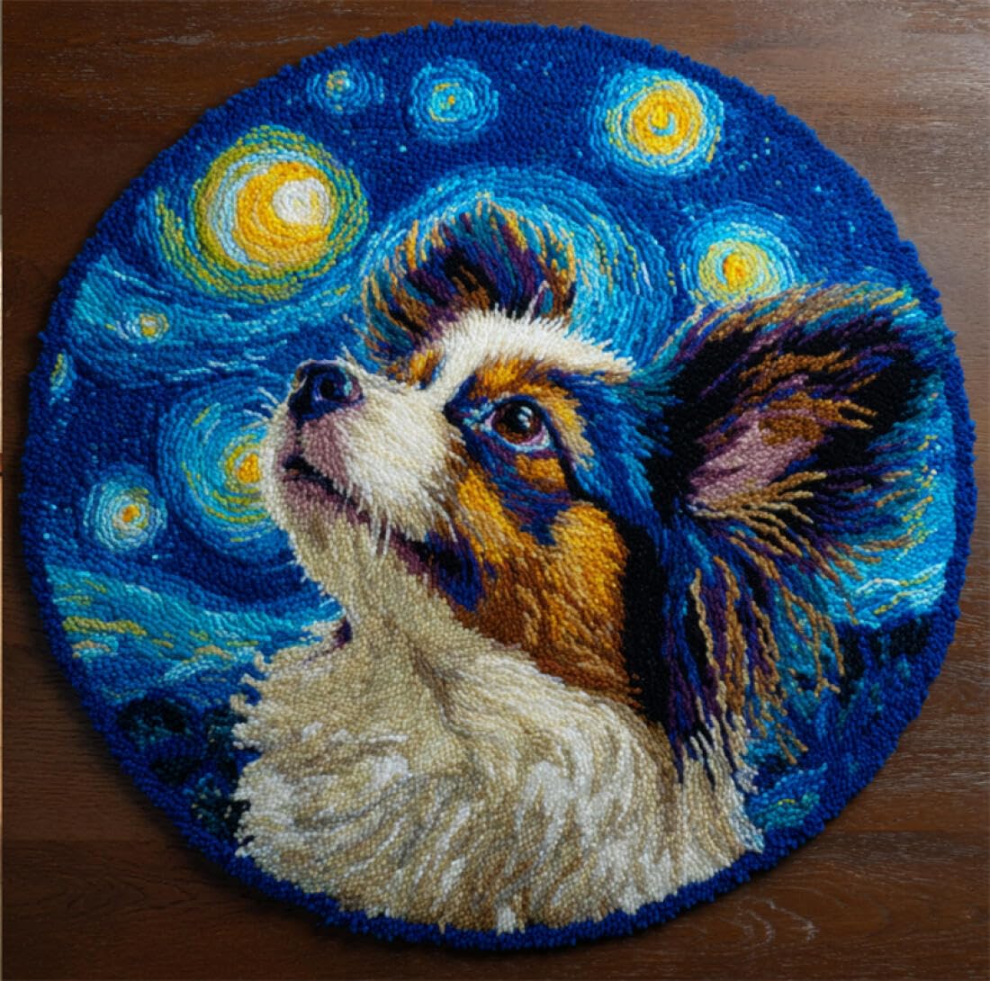 Rqwybcaxn DIY Latch Hook Rug Making Kits for Beginners Animal Embroidery Set Cartoon Papillon 60x60cm Round Tapestry with Crochet Hook Bedroom Craft Gift