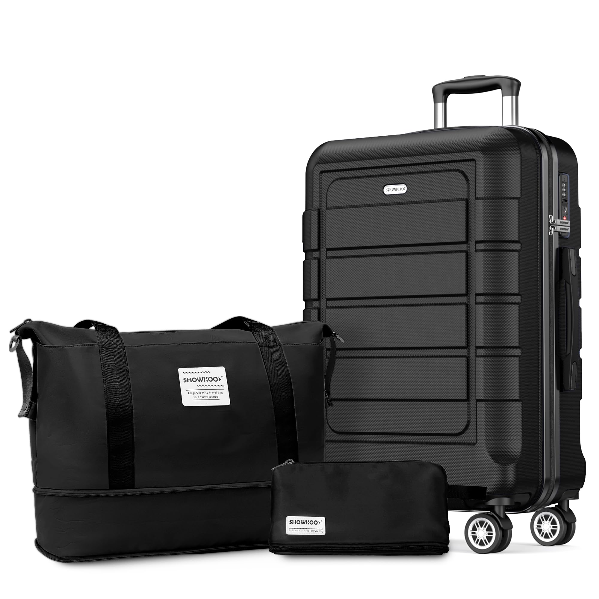 SHOWKOO Valigia Media Rigida 67cm Trolley Bagaglio a Mano Ultra Leggero ABS+PC Espandibile Durevole Set Valige Trolley da Viaggio Chiusura TSA con Borsa da Toilette e Borsa da Viaggio, Nero