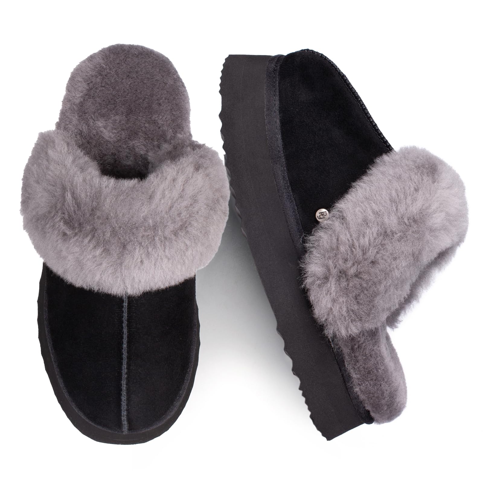 Parfeying Women's Shearling Slippers Genuine Leather with Rubber Sole, Sheepskin Fuzzy Indoor Outdoor Shoes for Home