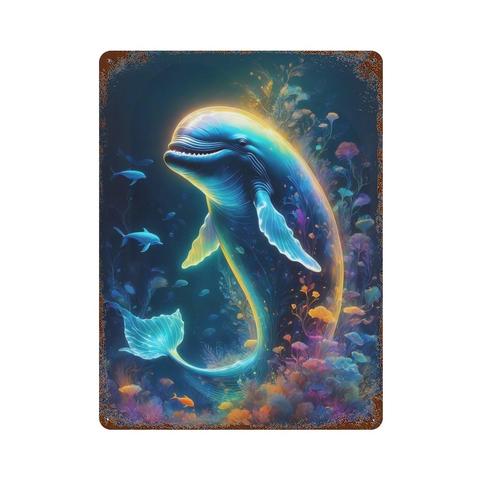 Decorative Tin Sign with Magic Realism Whale Design 15.7"x11.8", for Garage, Bar And Workshop Decor, Farmhouse Wall Decor