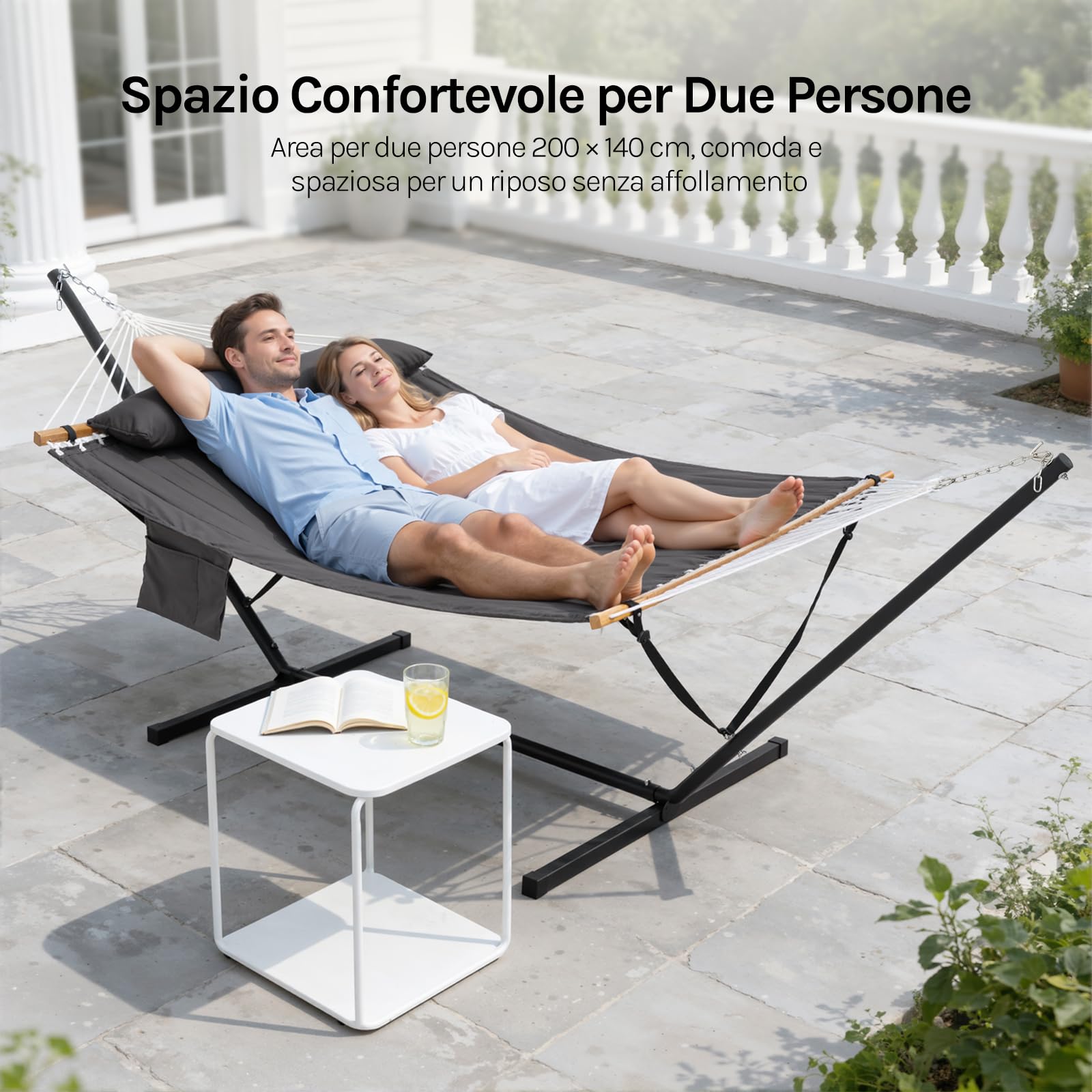 WOLTU Amaca da Giardino con Supporto, Tasca Laterale e Cuscino, Capacità di Carico 250 kg, Ampia Amaca Doppia per Terrazza, Balcone, Campeggio, Grigio Scuro