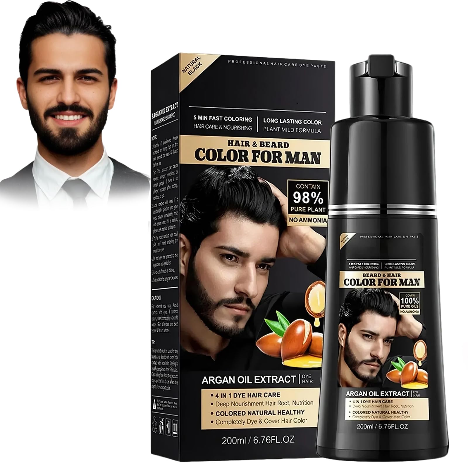 Shampoo Colorante Uomo 4 in 1, Colore Nero Naturale con Olio di Argan, Formula Delicata Senza Ammoniaca, Copre i Capelli Bianchi, 200ml, Facile e Veloce, Teinture Barbe (Nero)