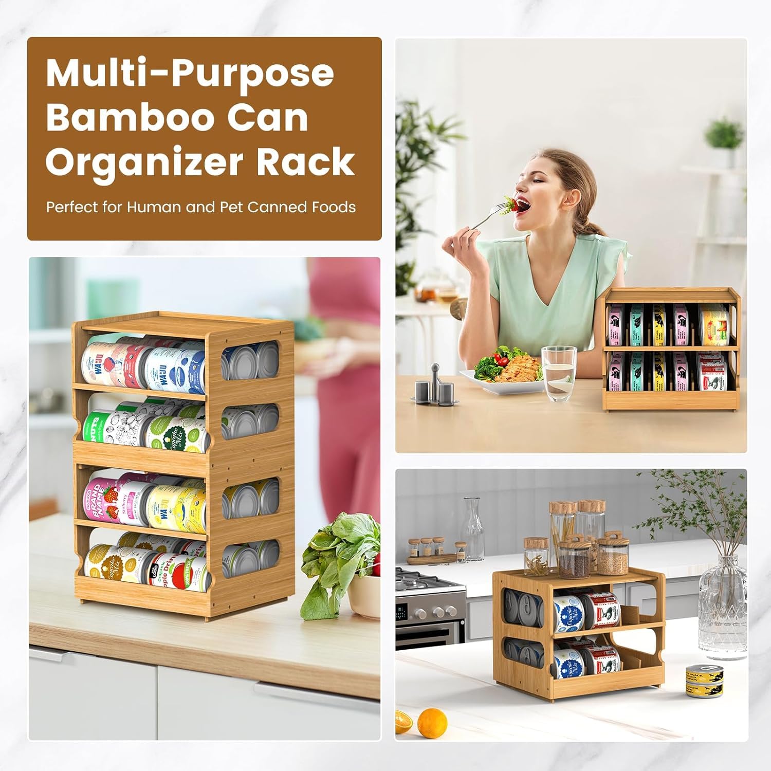 Teamkio Organizador de latas para despensa, organizador de despensa de bambú, estante apilable de 2 niveles, ideal para 36 latas de comida para humanos y mascotas (FIFO)