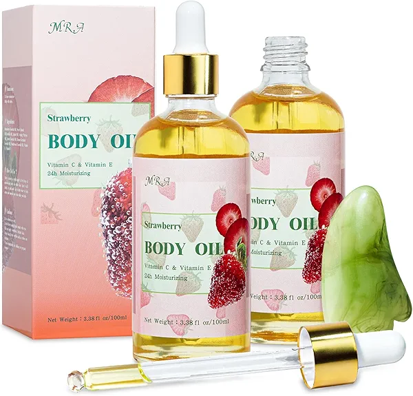 MR.A 2 Pack Strawberry Body Oil Juice Scented, Vitamin E Body Oil after Shower, Strawberry Shortcake Body Moisturizer Bath Oil for Dry Skin, Guasha Oil with Guasha Tool