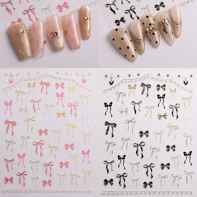 GZMAYUEN 6 Sheets Bow Nail Stickers - Gold, Pink, Black, Blue Nail Art Decorations