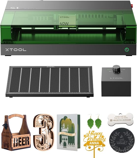xTool S1 40W Engraving Machine with Honeycomb Working Sheet & Air Assit, Auto Focus, Enclosed Cutter and Engraver Machine for Metal, Leather, Acrylic and Glass, Class I Safety
