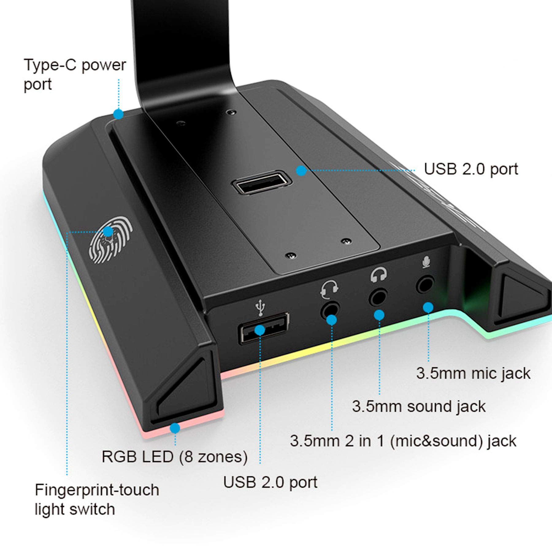 EKSA Porta Cuffie Gaming Accessori RGB, Supporto Cuffie Gaming con Caricatore USB Audio Surround 7.1 e porta da 3,5 mm Adatta, Stand Cuffie Reggi Cuffie da Scrivania PC Gamer, Accessori Gaming