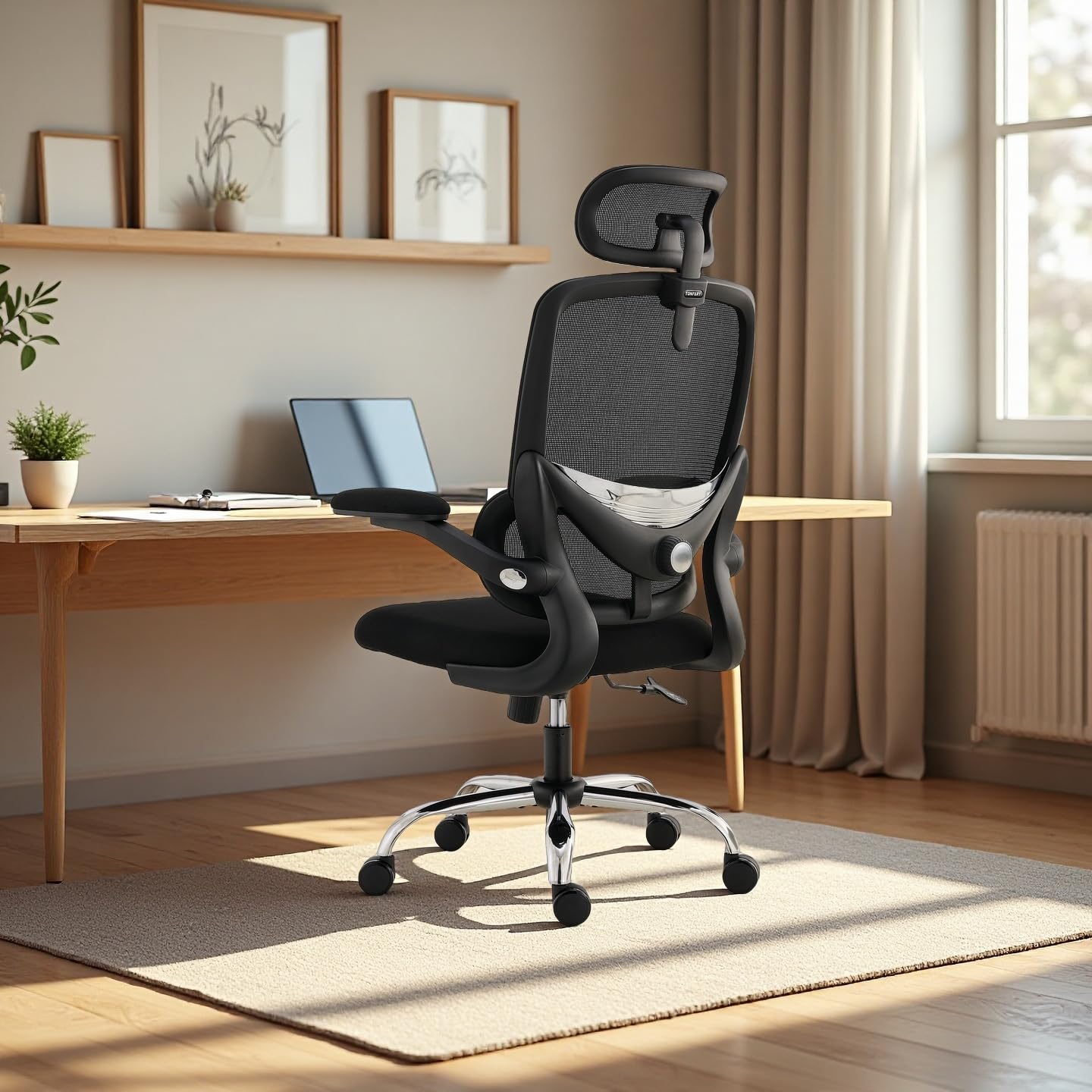TONFARY Sedia Ergonomica per Ufficio a Casa, Sedia da Scrivania Schienale Alto in Rete, Supporto Lombare Regolabile, Braccioli Ribaltabili, Poggiatesta Rimovibile, Sedia da Gioco Girevole, Salvaspazio