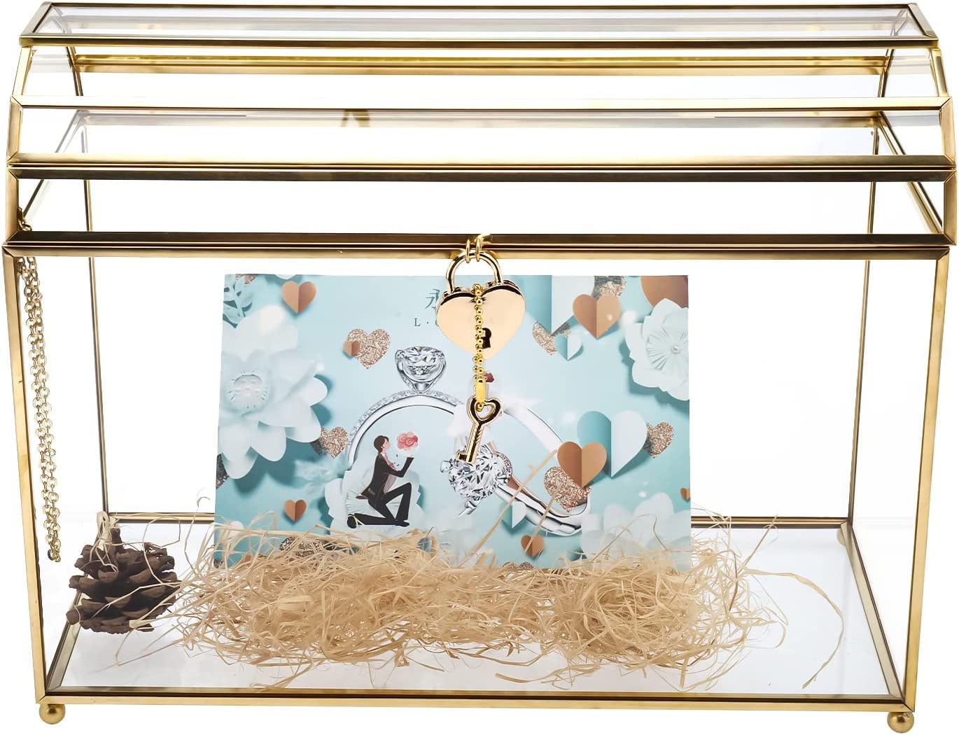 Homtone 31 cm Große Glas Hochzeit Kartenbox mit Schlitz und Schloss, Geometrisches Terrarium Gold Glaskasten, Vintage Präsentationsbox für Hochzeitsempfang, Tafelaufsatz