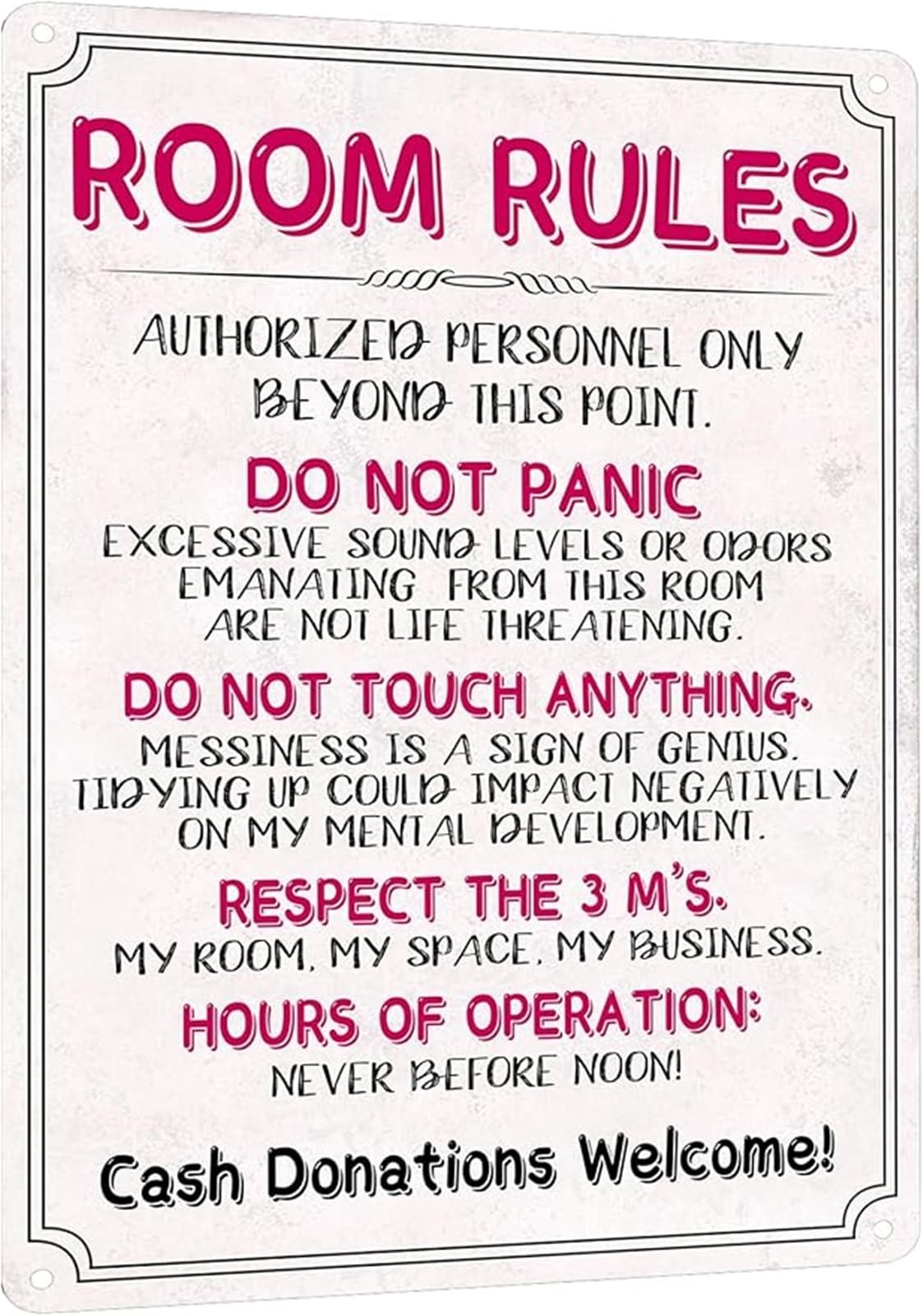 NWPNLXEA Funny Teen Bedroom Door Sign Metal Tin Sign Humorous Room Rules for Boys or Girls Room 8 X 12 in