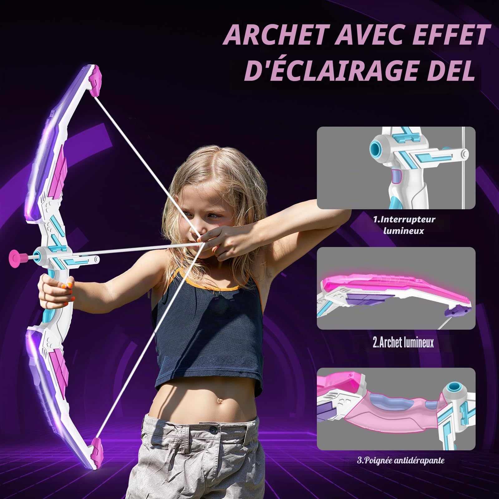 HYES Tir à l'arc Flèche et Arc Jouet pour Enfants, Kit de Tir à l'arc avec Lumières LED, flèches à Ventouse, Cible Debout, Flèches et Cibles de Score, Jouet d'Intérieur et d'Extérieur