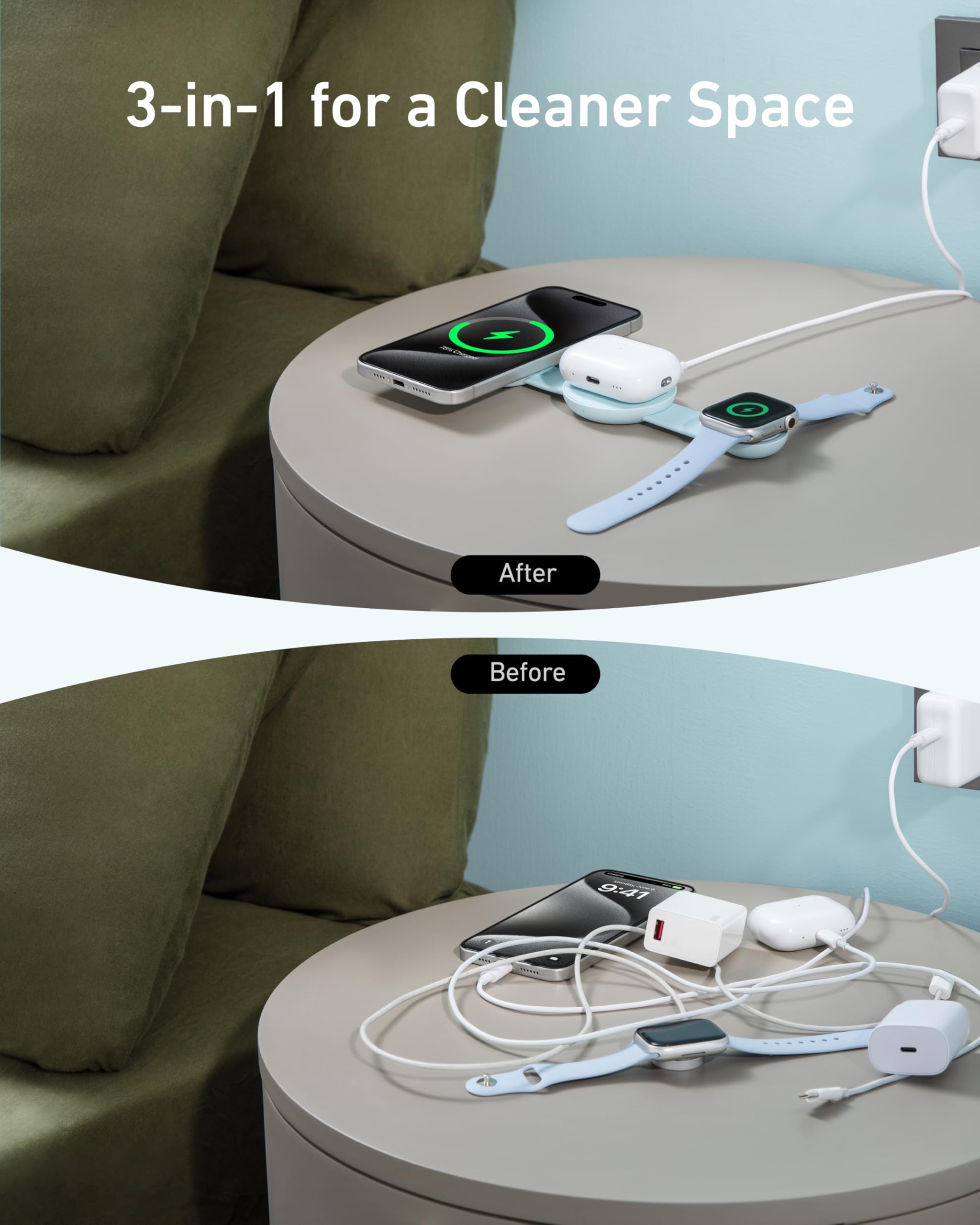 Stazione di ricarica wireless 3-in-1 Anker MagGo 15W, compatibile con MagSafe, certificato Qi2, pieghevole e portatile per iPhone 15/14/13/12, AirPods, Apple Watch e altro (caricatore USB-C incluso)