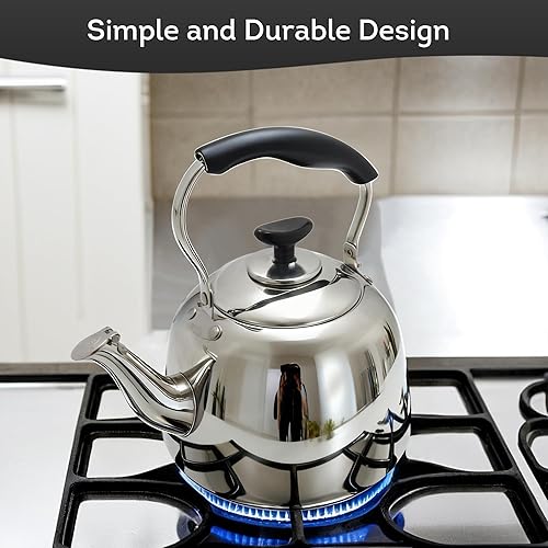 Miniatura 6 de Lily's Home Hervidor de té silbante para estufa, hervidor de agua de acero inoxidable de 2 cuartos de galón con silbato fuerte, mango frío al tacto