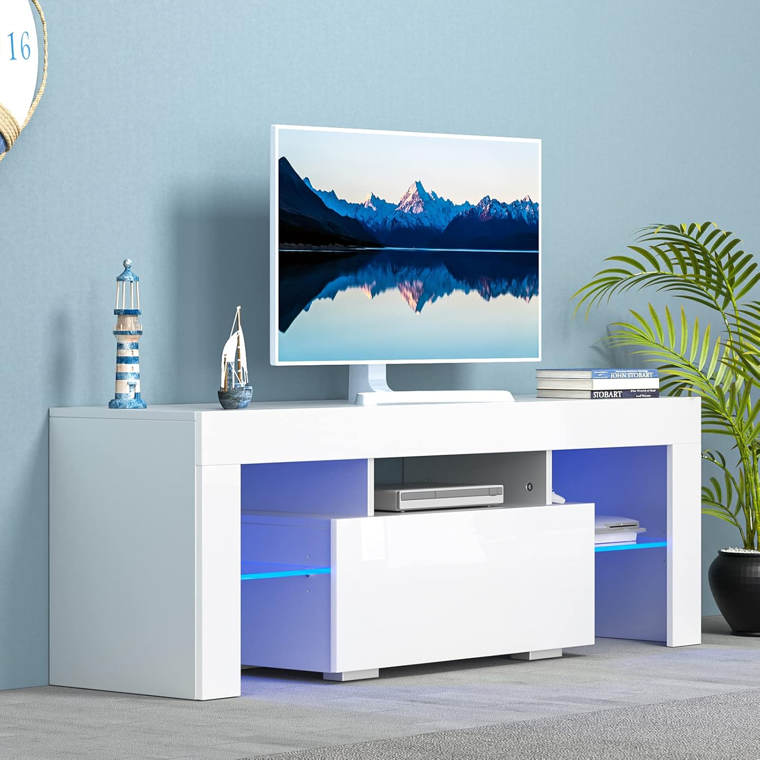 Glossy Led TV Stand Entertainment Center for 55 Inch TV, Modern TV & Media Console Table with Storage Drawer, Flat Screen TV Cabinet, Gaming Consoles for Living Room(51 Inch White)