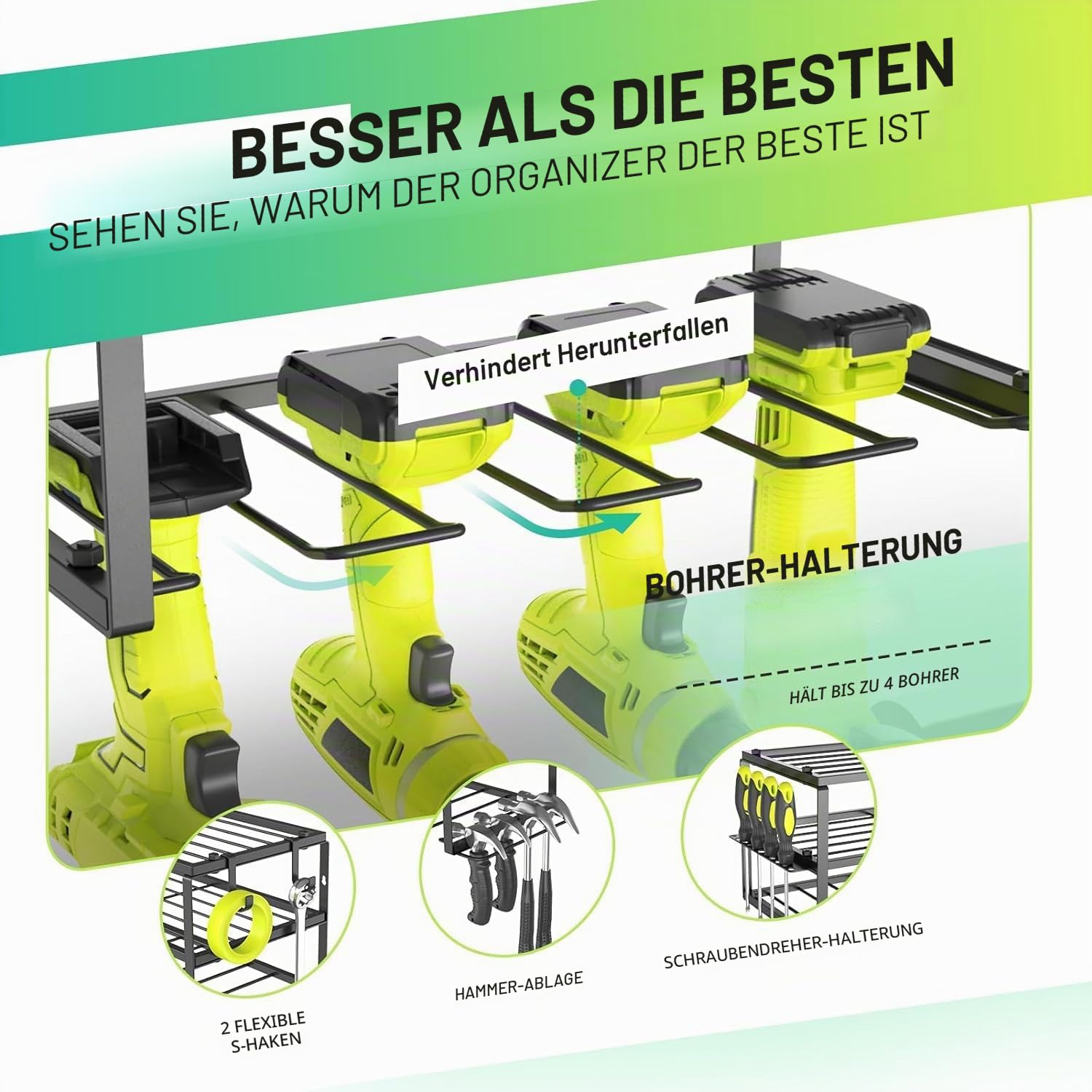 Weldun Wand-Organizer für Elektrowerkzeuge, Werkzeughalter für 4 Bohrmaschinen, 3 Steckplätze, mit seitlichem Schraubendreherhalter für Garage, Werkstatt, 2 Stück