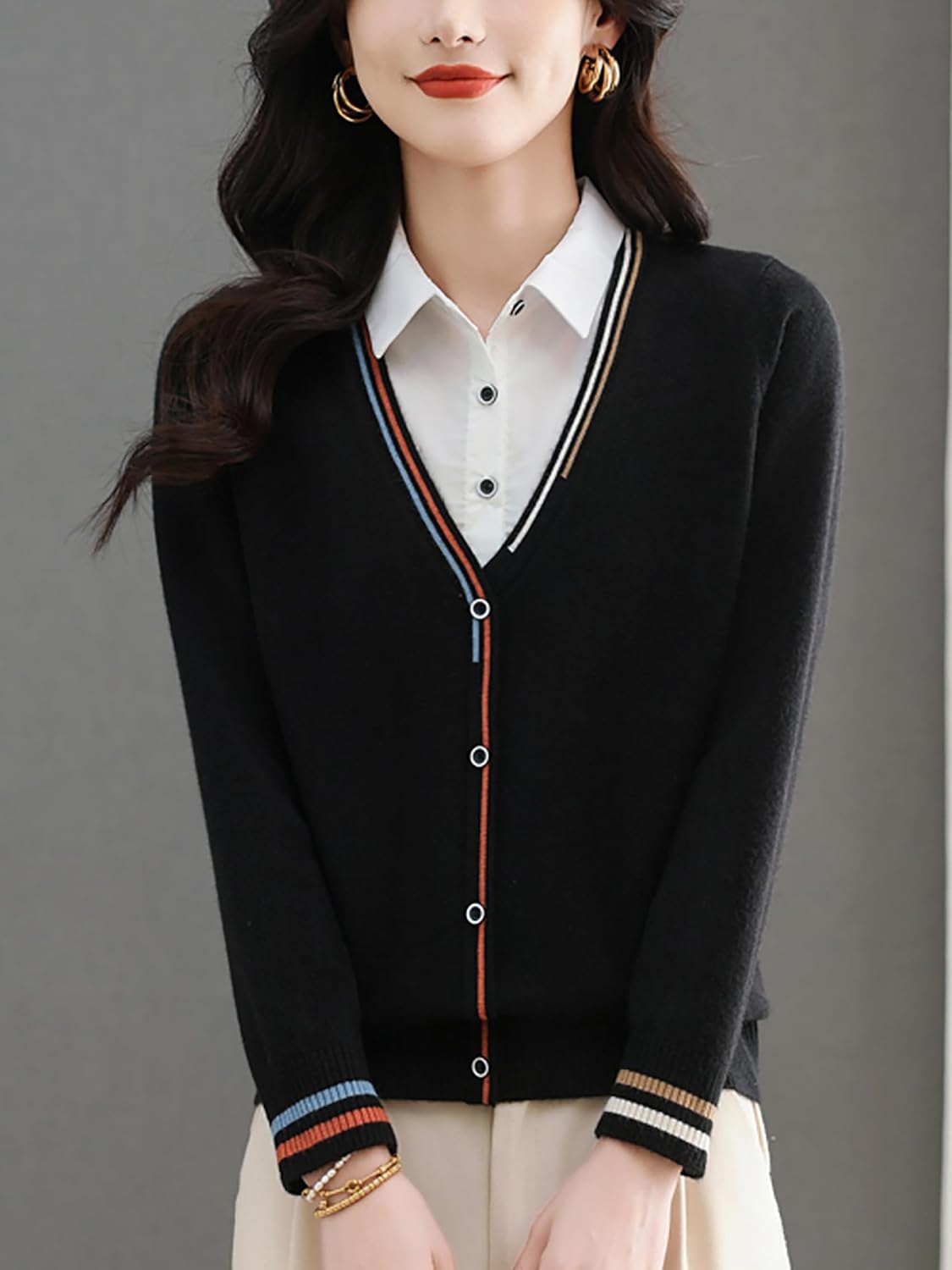 LAI MENG FIVE CATS Women's V-Neck Casual Collared 2 in 1 Pullover Top Long Sleeve Shirt Striped Contrast Blouse - Image 3