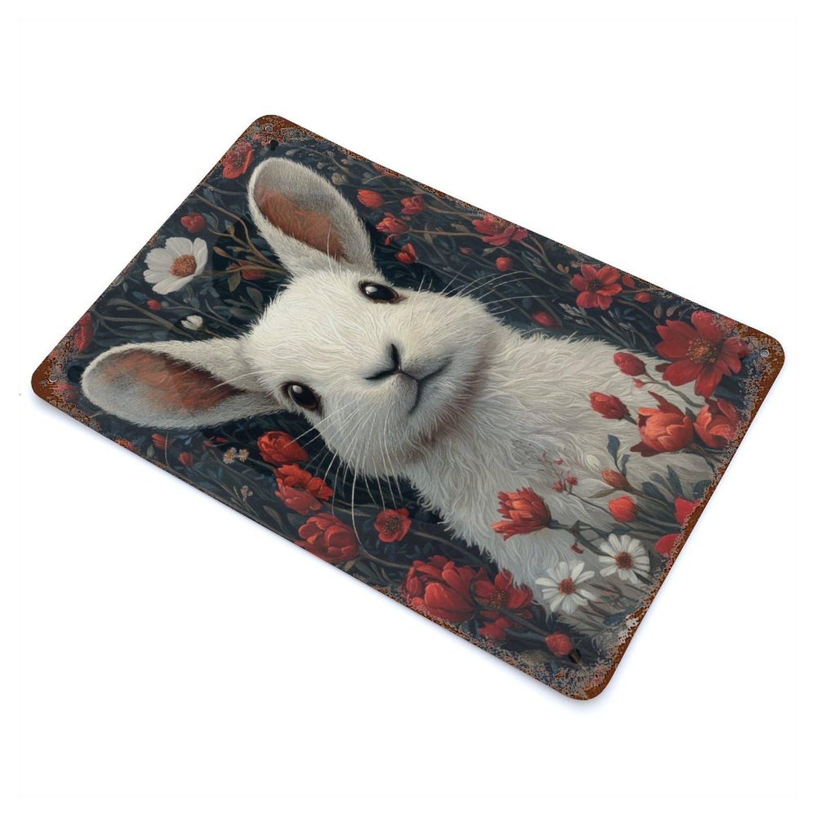 Rust Effect Floral White Bunny Weathered Tin Sign 11.8"x7.9", Retro Wall Decor for Garage, Bar And Workshop Decor