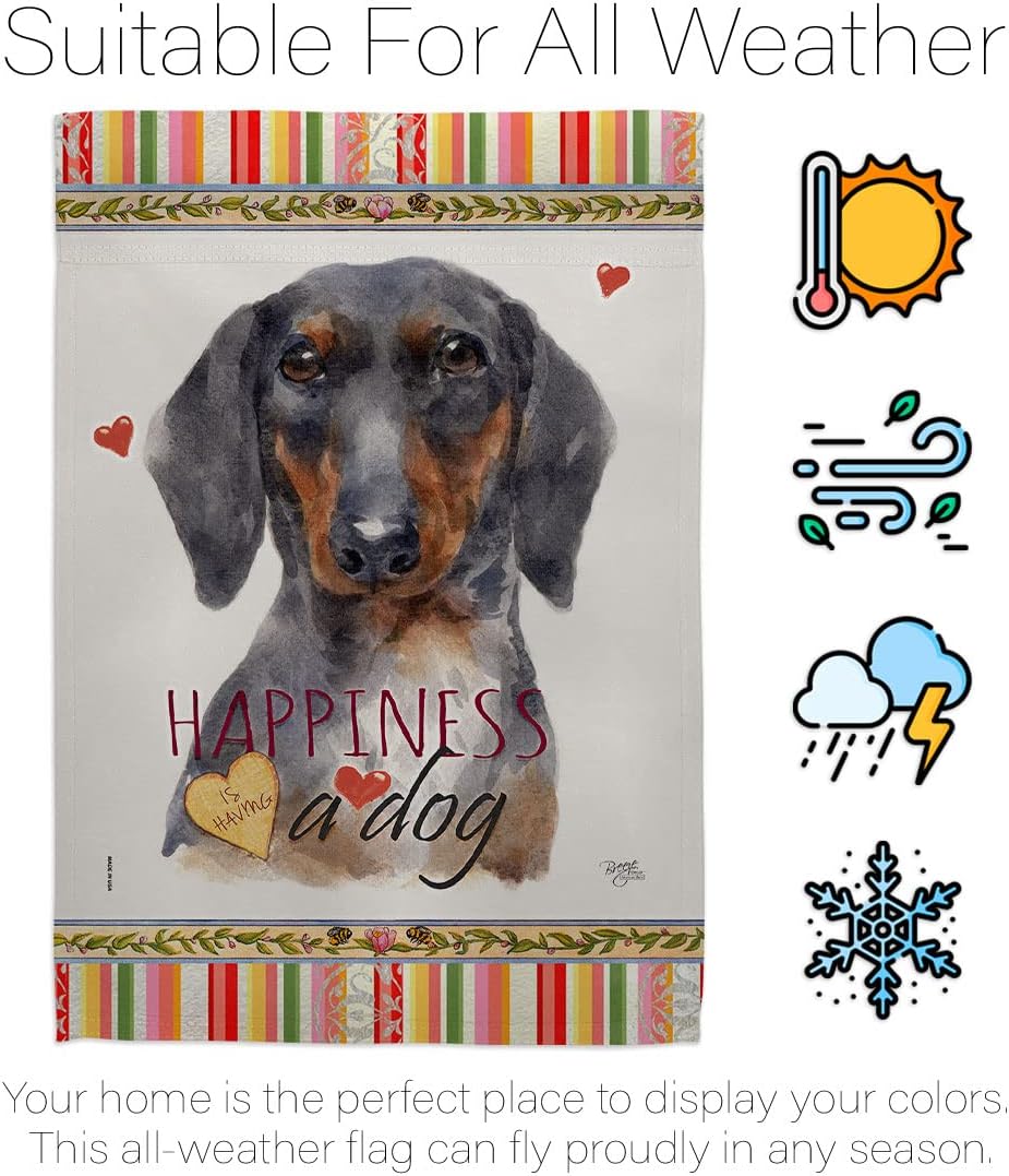 Breeze Decor Black Tan Dachshund Happiness House Flag Dowel Set Dog Puppy Spoiled Paw Canine Fur Pet Nature Farm Animal Creature Banner Small Garden Yard Gift Double-Sided, Made in USA
