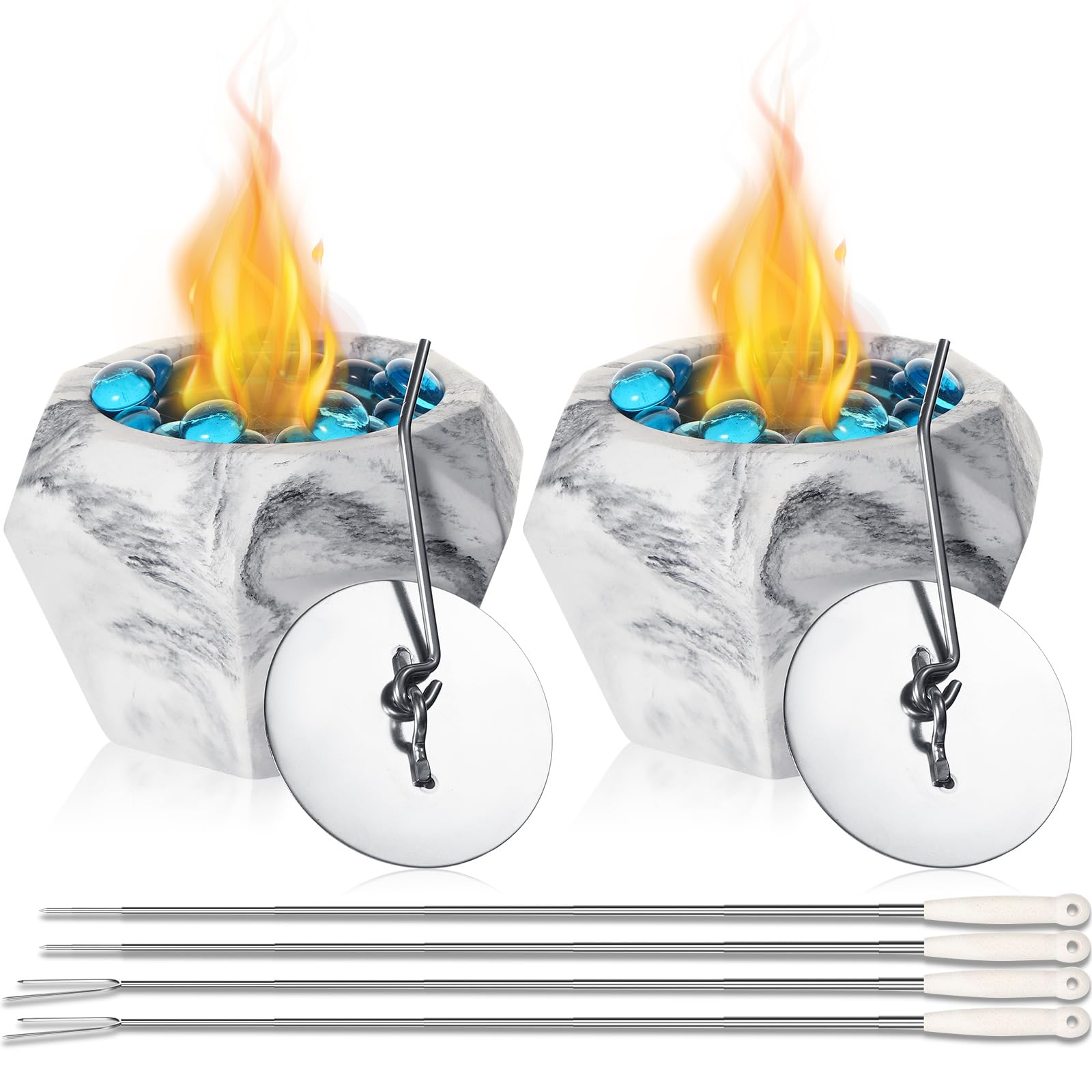 Ganeen 2 Sets Tabletop Fire Pit Indoor Outdoor with 4 Stainless Steel Roasting Stick Forks Concrete Table Top Fire Pit Bowl Smores Maker Portable Tabletop Fireplace Mini Table Firepit(Retro Style)