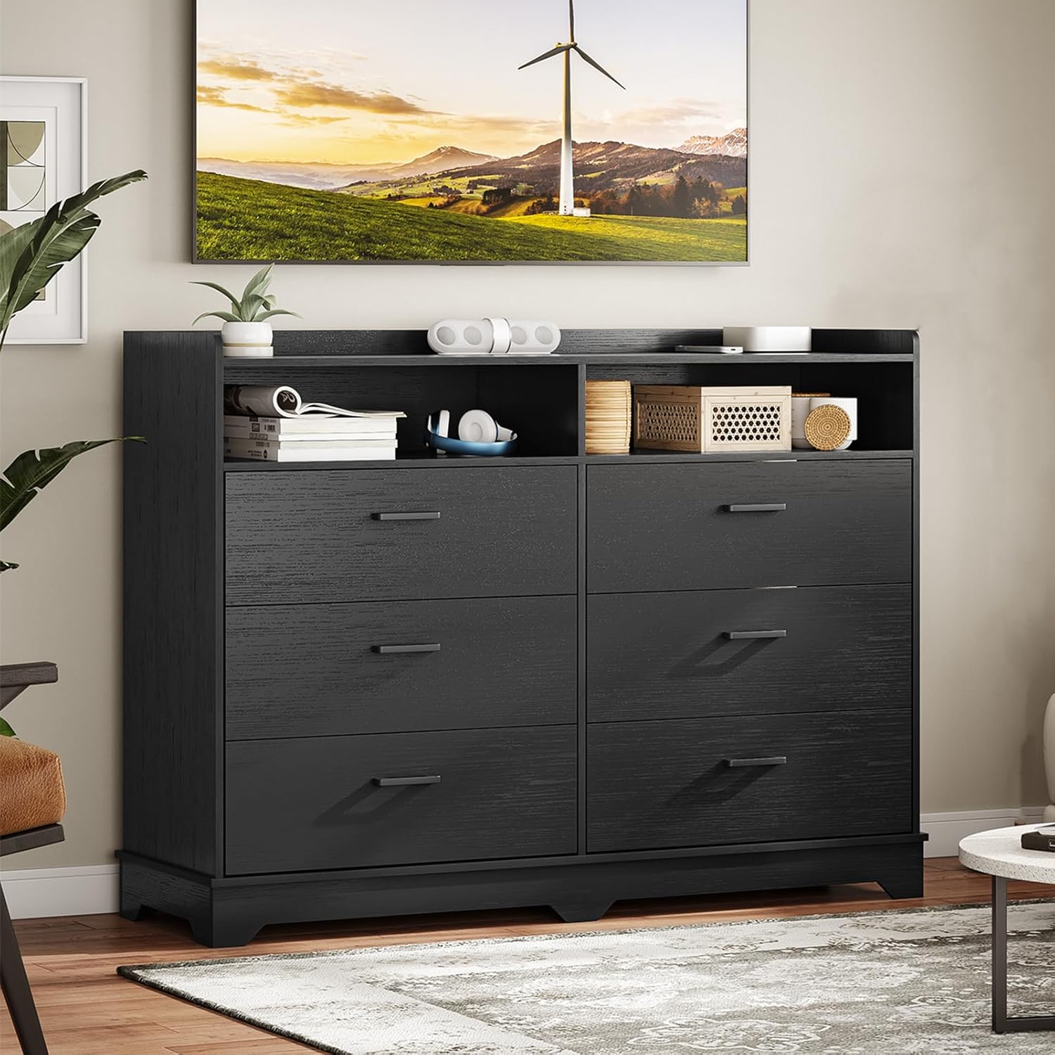 DICTAC 6 Drawer Double Dresser, Black Dresser for Bedroom