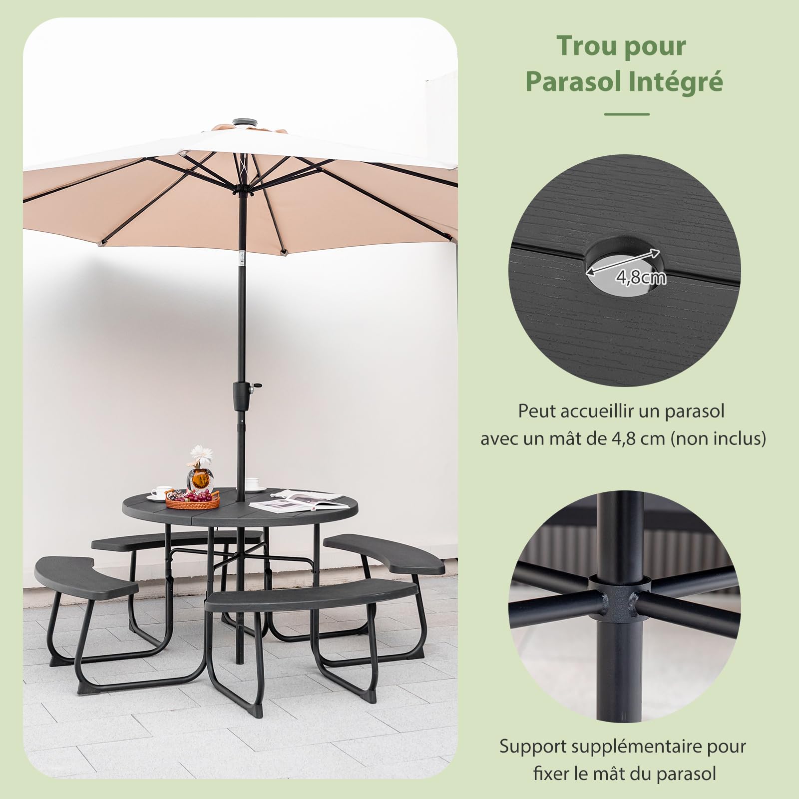 GOPLUS Table de Pique-Nique avec 4 Bancs Intégrés pour 4 à 8 Personnes, Table Jadin Exterieur en HDPE avec Trou pour Parasol,Ronde en Plein Air, Cadre en Métal,Charge 225KG+135KG(Noir)