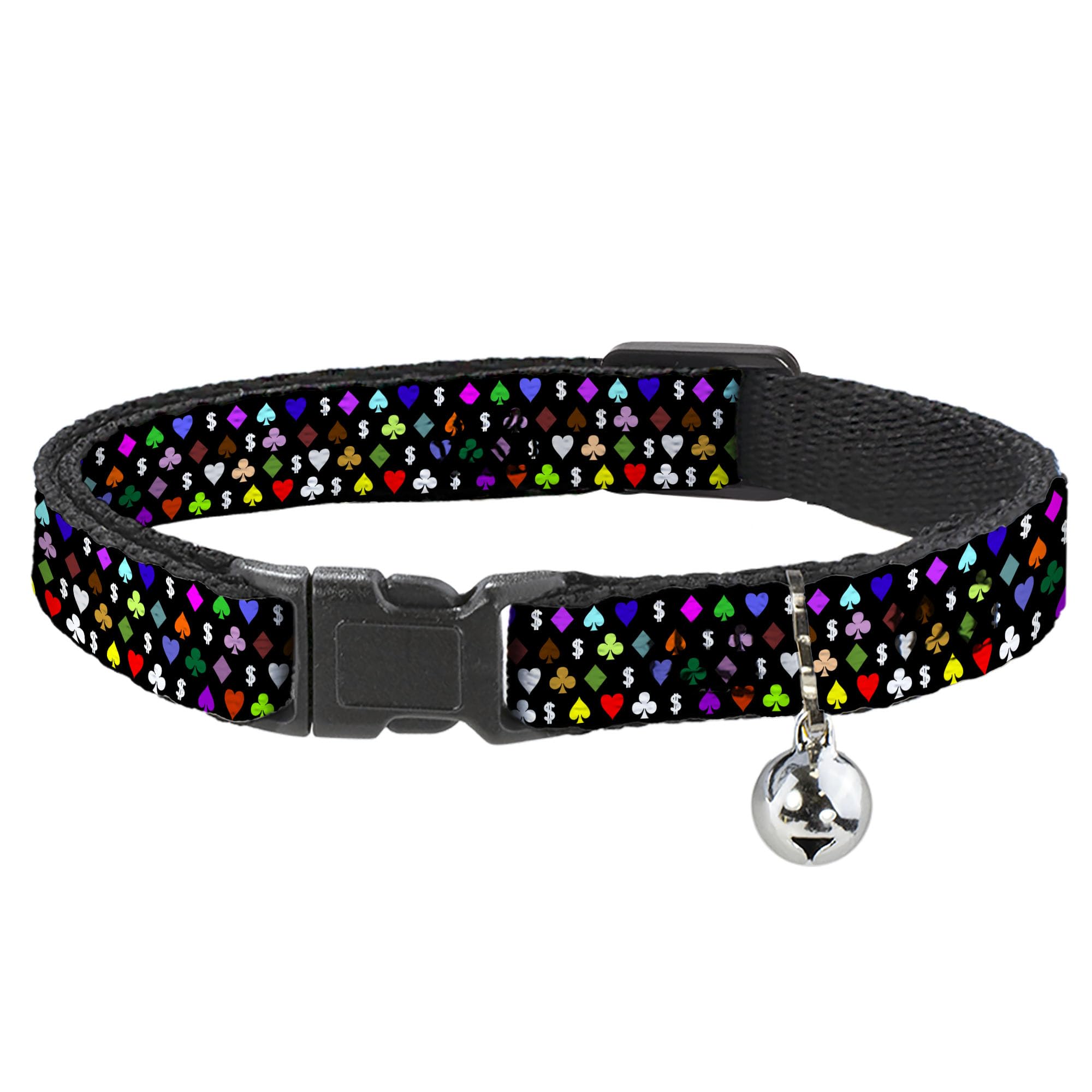 Collar de gato separable Buckle-Down negro con cascabel y motivos de trajes de dólares