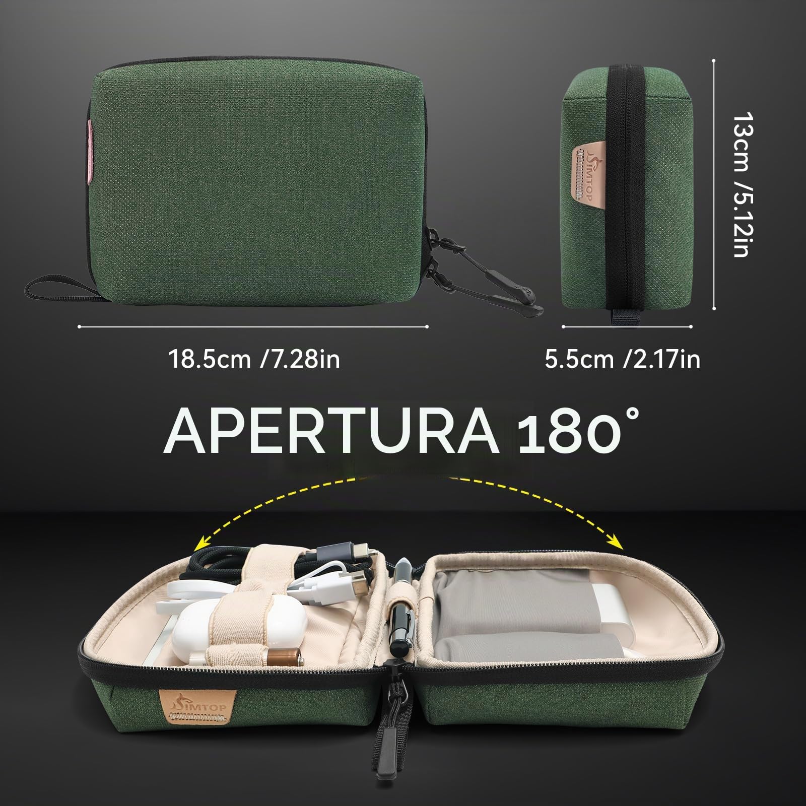 SIMTOP Borsa Organizer Per Cavi Piccola,Compatta Per Accessori Per Laptop,Organizer Per Cavi,Schede SD, ideale per Viaggi,Ufficio e Fotografia,Verde