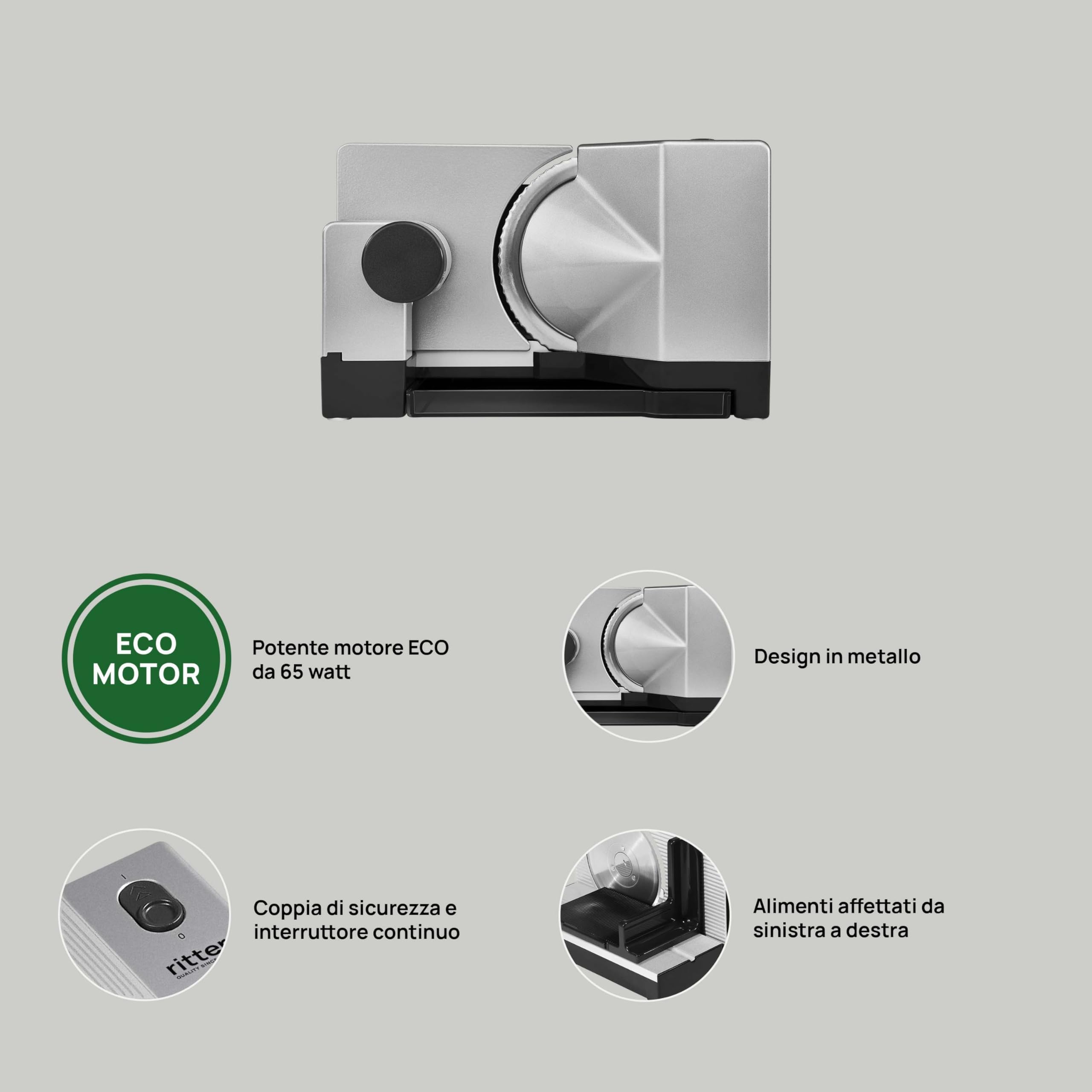 ritter 18 affettatrice elettrica con motore ECO, made in Germany, 65 W, Metallo, Argento Metallico
