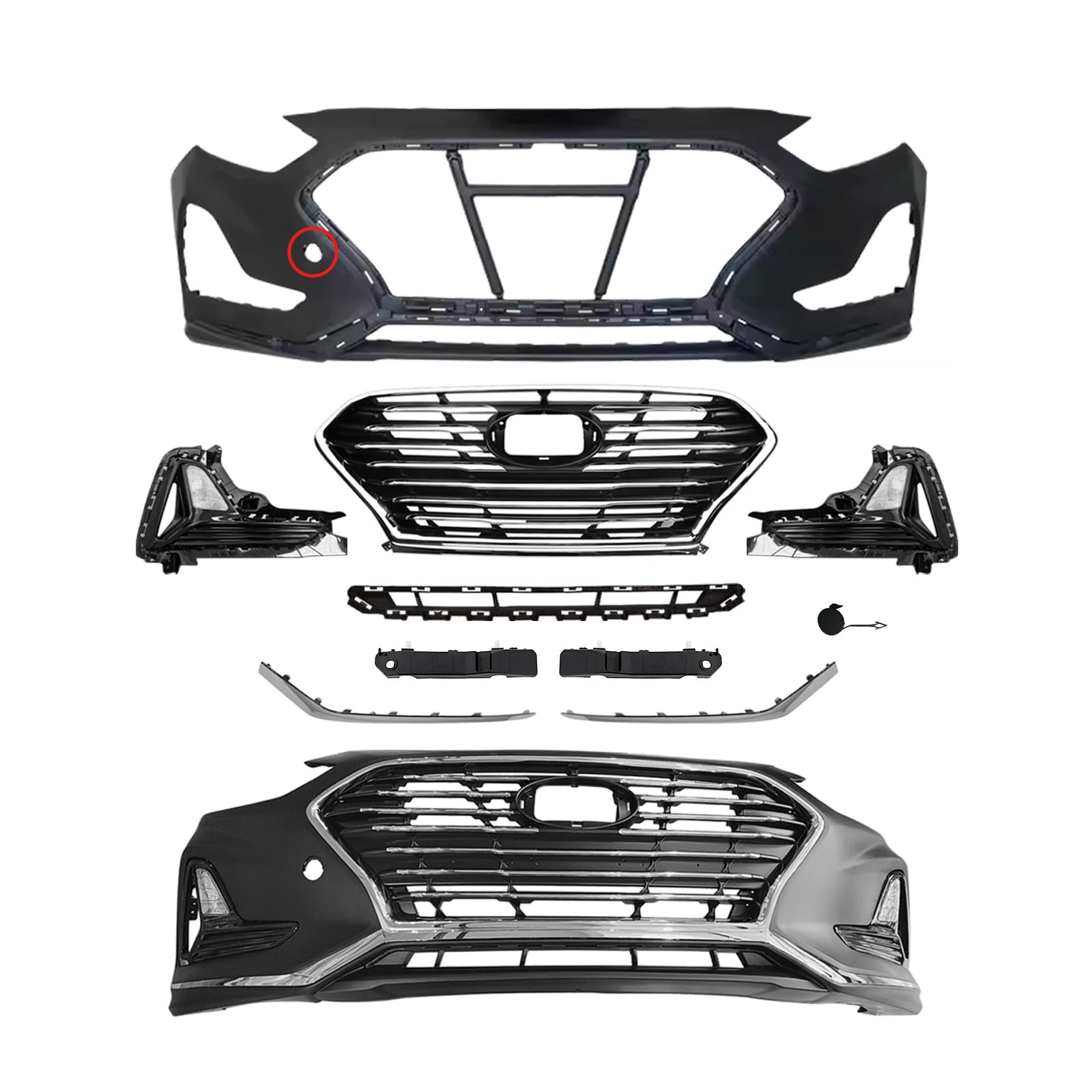 Front Bumper Cover Kit Compatible with 2018 2019 Hyundai Sonata Hybrid Sedan 2.0L Korea Built W/Upper Grille Lower Grill & Fog Lights - Full Body Set