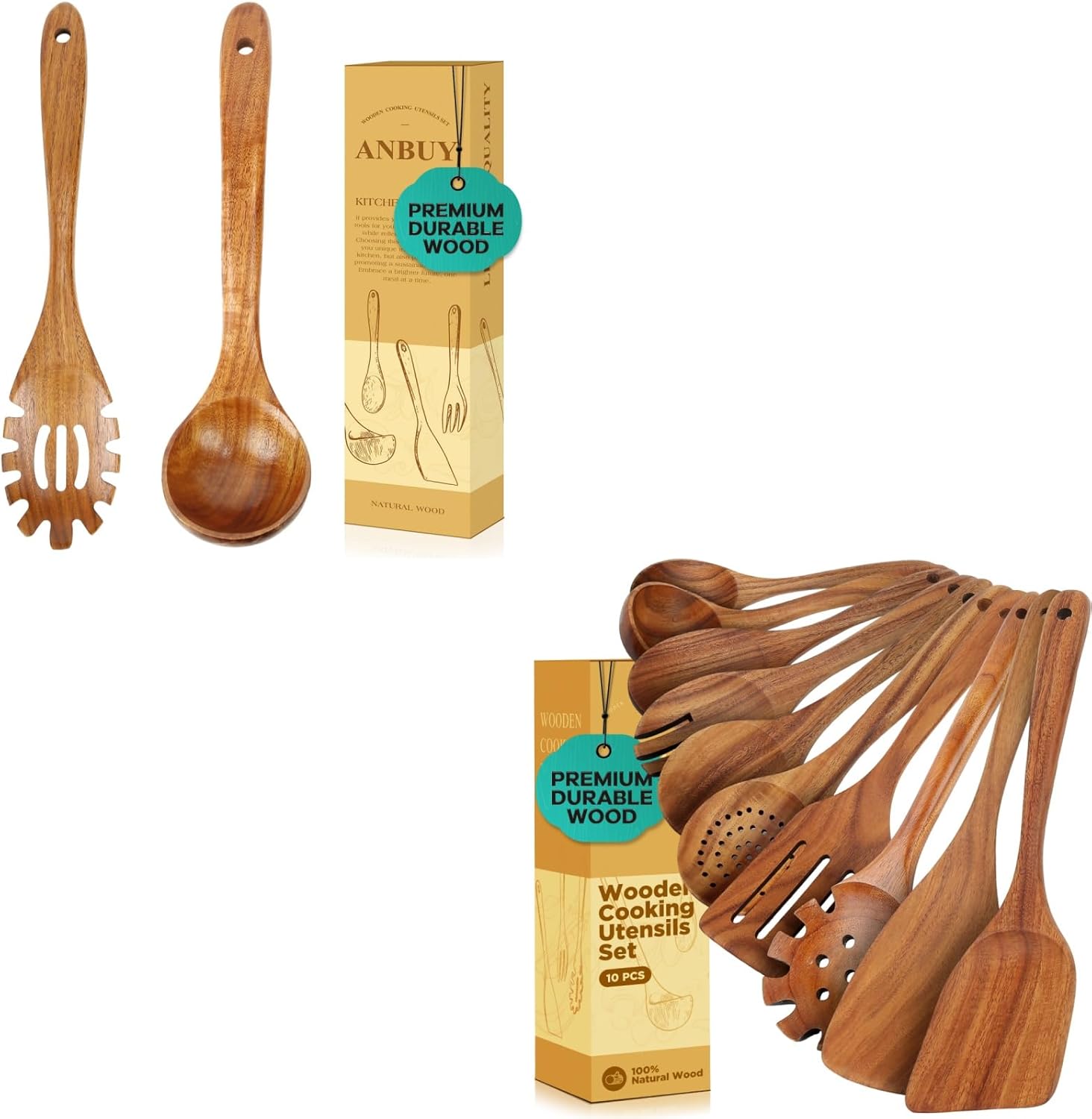 ANBUY Wooden Kitchen Utensils Set for Cooking, Wooden Spoons for Cooking, Heat Resistant Wooden Spatula and Ladle, Non Scratch and Nonstick for Cookware