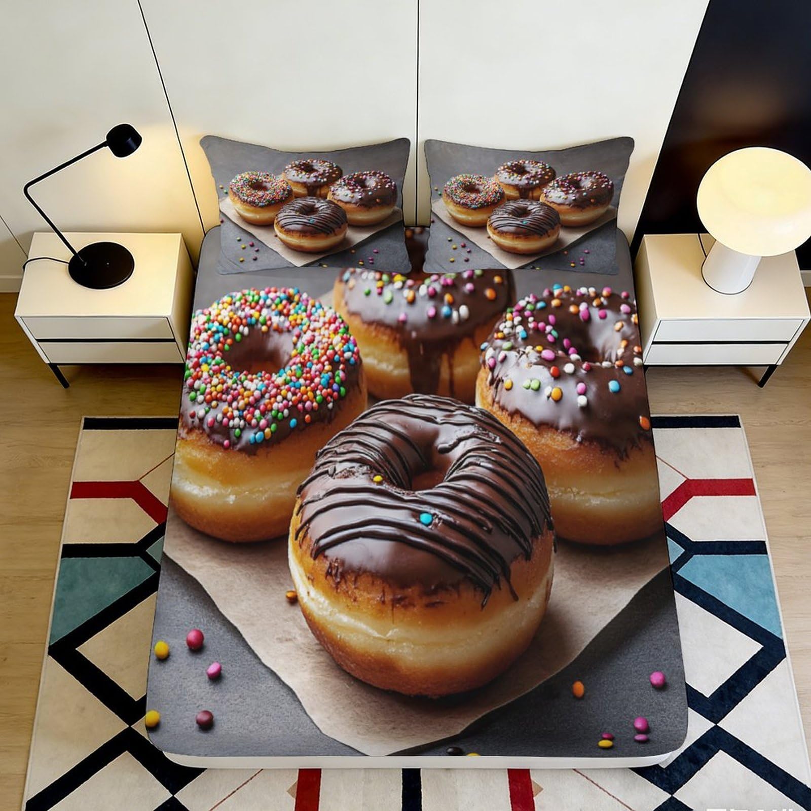 3D Printed Chocolate Glazed Donut Fitted Sheet Microfiber Colorful Sprinkles Bed Cover for Bedroom Dorm Mattress Decor 90x200x25cm