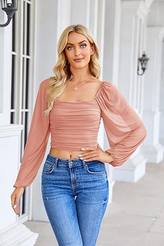 Miniatura 3 de Wenrine Womens Mesh Long Sleeve Crop Tops Night Going Out Square Neck Off The Shoulder Ruched Shirt Blouses Dressy Casual