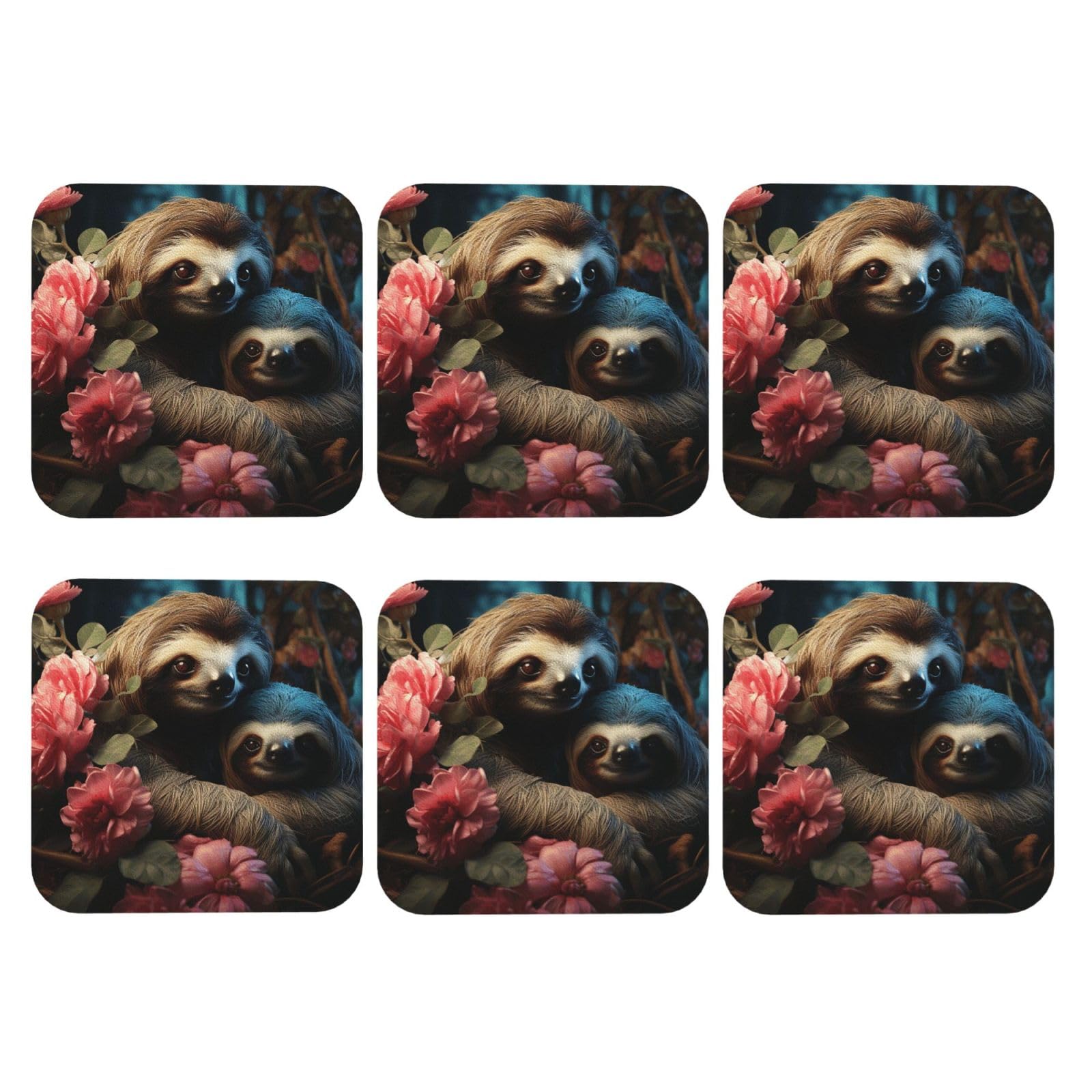 6pcs Leather Coasters for Drinks, A Sloth and A Baby Sloth Drink Coasters for Tabletop Protection, 4" Cup Coasters for Coffee Table Decor, Non-Slip Drinking Cup Mat for Hot Or Cold Drink
