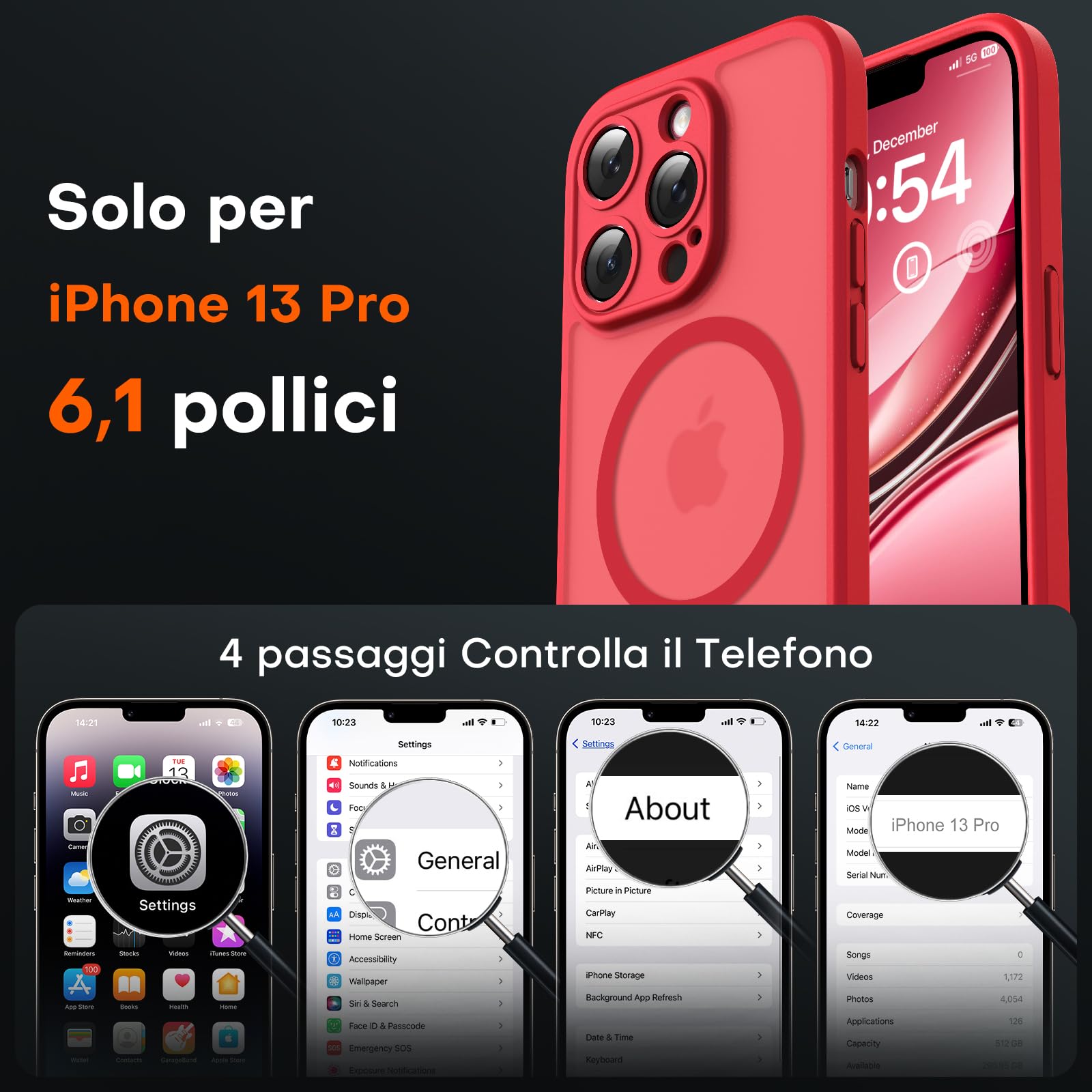 TOCOL Cover Magnetica per iPhone 13 Pro 6,1 Pollic, Compatibile con MagSafe, Protezione Fotocamera Integrata, Custodia Antiurto Traslucida Opaca, Rosso
