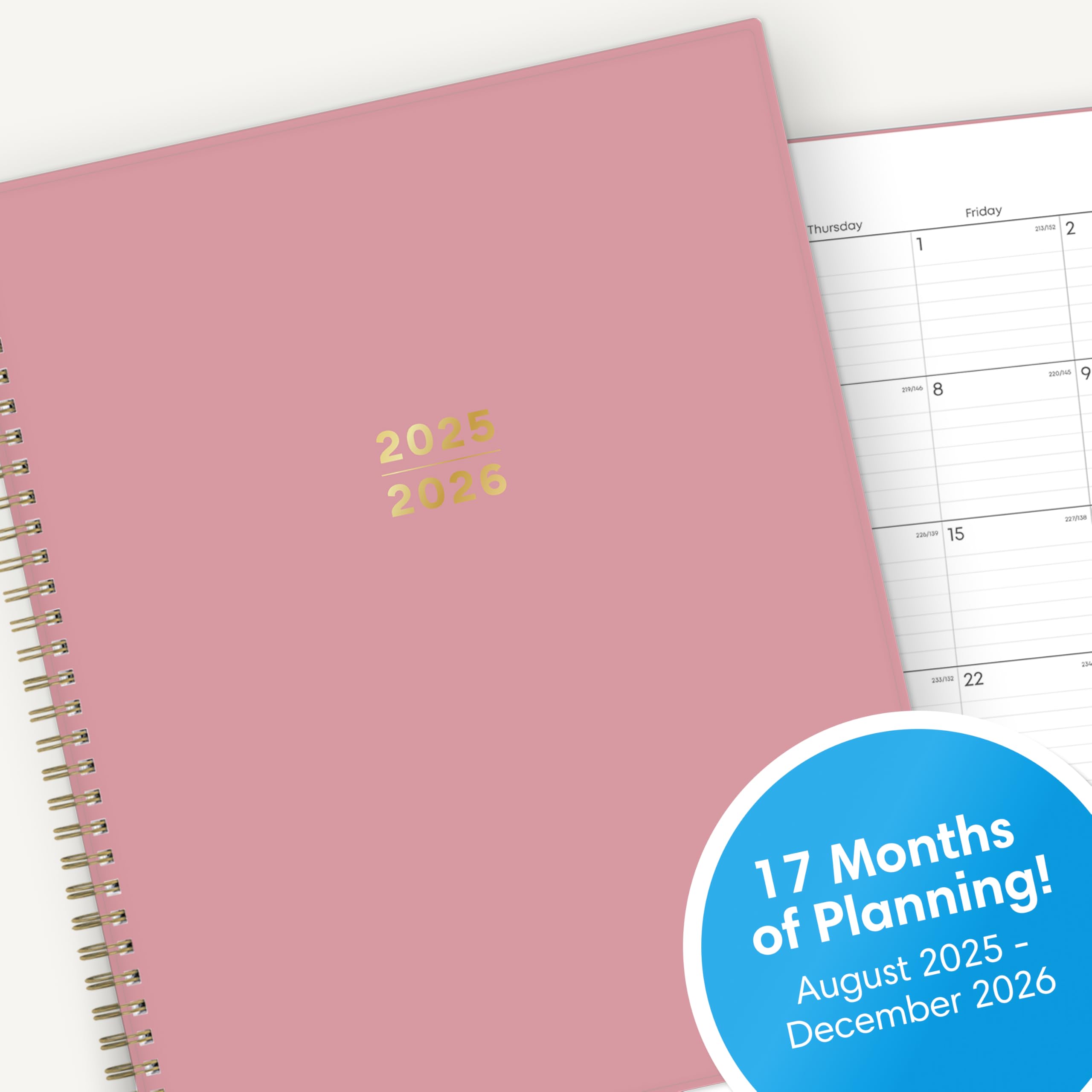 Blue Sky Wochen- und Monatsplaner für 2025-2026, 17 Monate, August 2025 - Dezember 2026, 21,6 x 27,9 cm, flexibler Einband, Spiralbindung, laminierte Reiter, Dusty Rose