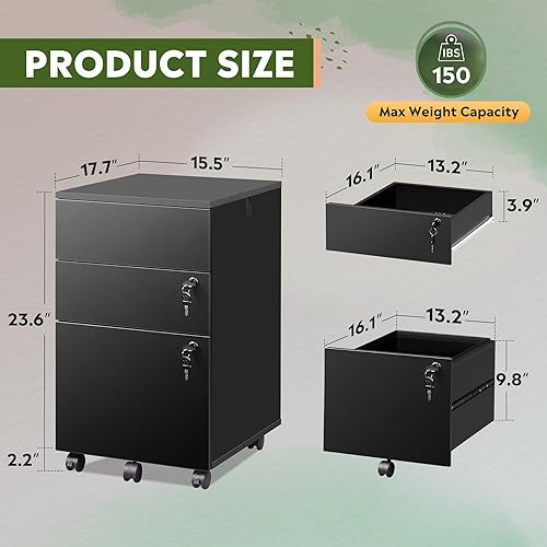 Vista 3 de DEVAISE Archivador de 3 cajones con cerradura, pequeño archivador rodante debajo del escritorio, cajones de oficina de madera para carpetas de Negro