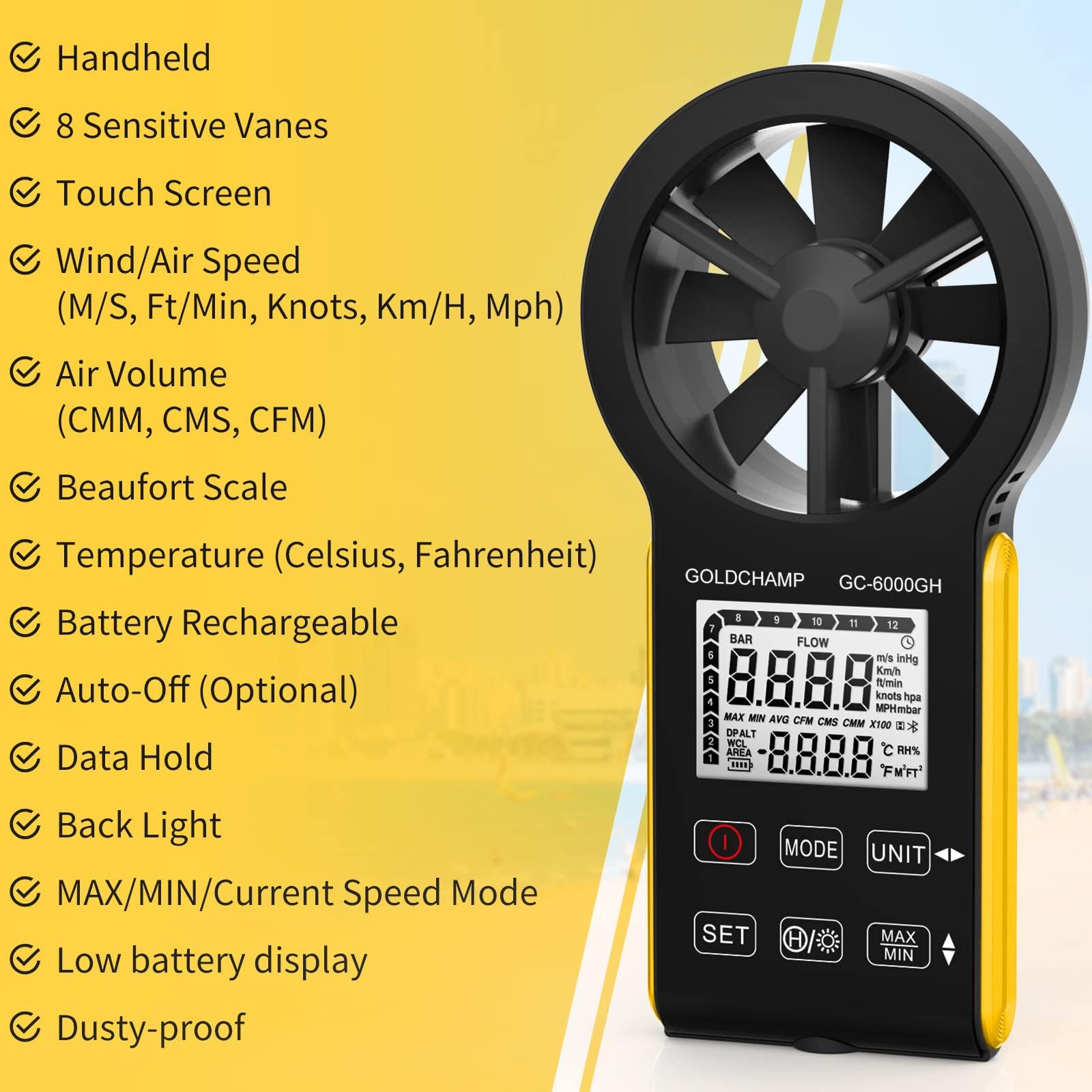Anemometro digitale, CFM, ricaricabile e impermeabile, misura la velocità del vento (0,3 ~ 30 m/s), volume d'aria (0-999900 ft3/min), touch screen, display retroilluminato per HVAC, tiro