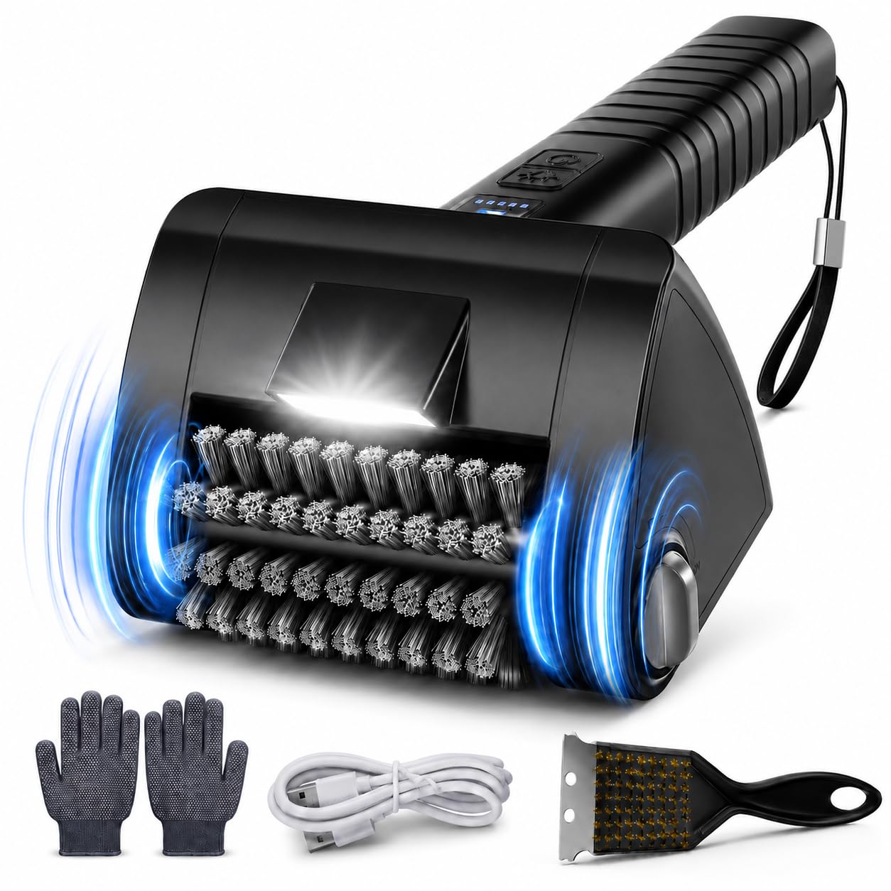 KINGLEAD Elektrische Grillbürste Kabellose BBQ Reinigungsbürste 4000 mAh | 2 Geschwindigkeiten, Edelstahl 304 Bürstenkopf, LED Licht, Schaber & Handschuhe für einfache Grillreinigung