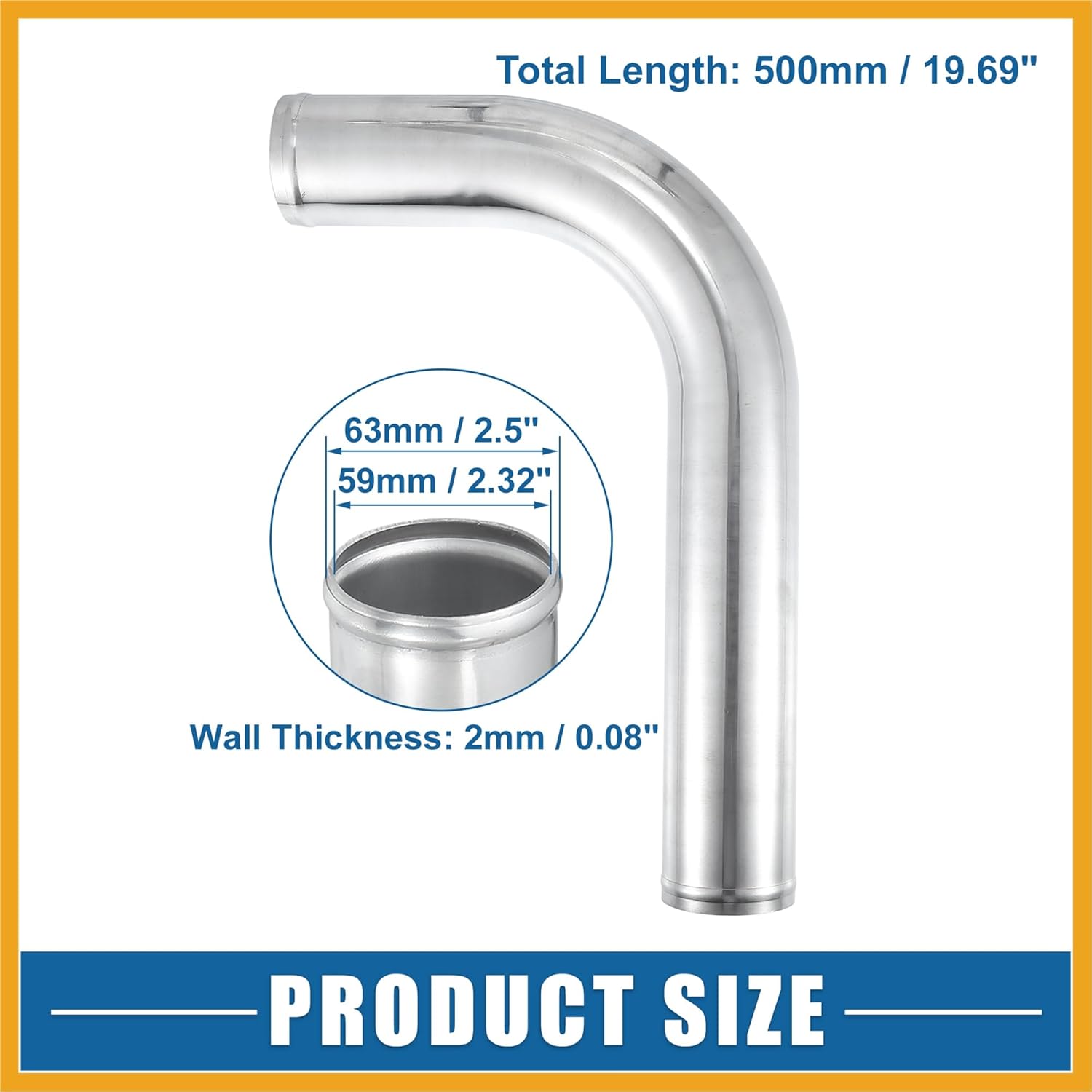 Universal 90 Degree L Shape Bend Elbow Intercooler Pipe Air Intake Tube 2.5" OD 63mm OD 500mm 19.69" Length Intercooler Pipe Aluminum Alloy Replacement