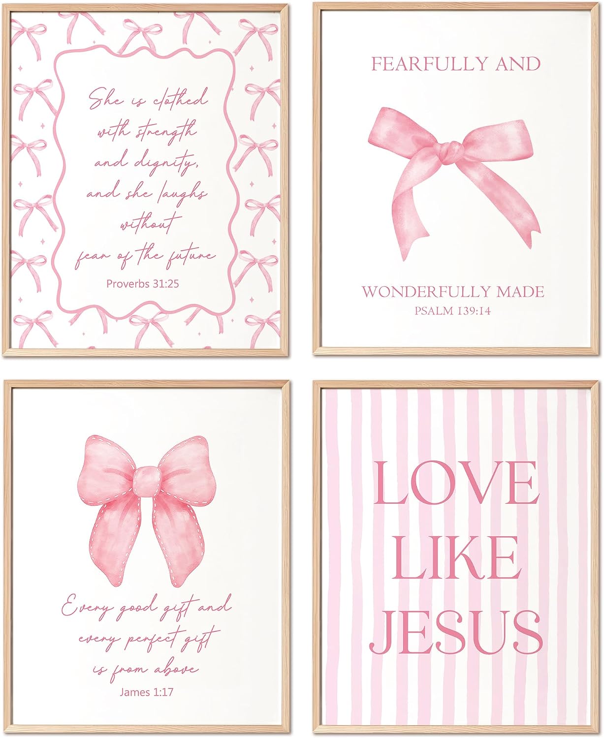 YUISLE Pink Bow Coquette Room Decor Posters for College Teen Girls Gifts, Aesthetic Christian Wall Art for Bathroom Dorm, Inspirational Bible Verses Prints, 8x10 Inch, 4 PCS(Unframed)
