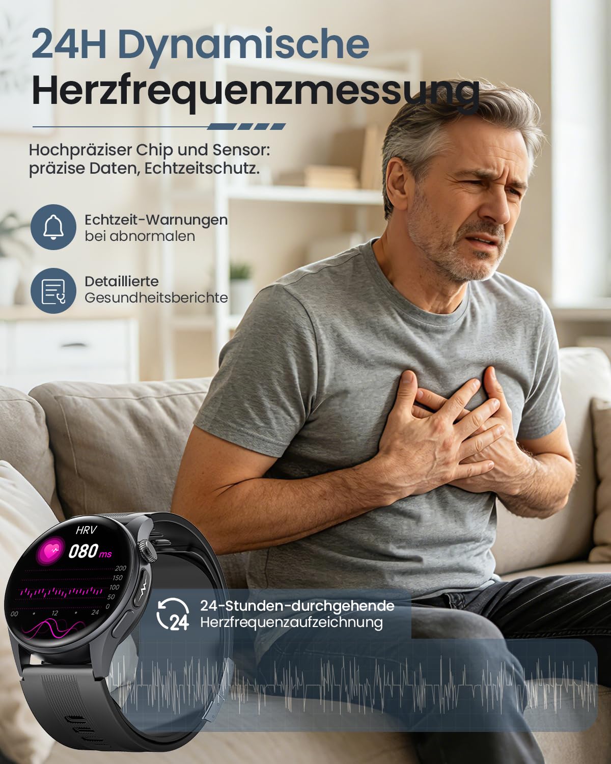 Smartwatch Herren mit Luftpumpe & Blutdruckmessung, EKG, HRV, Schwarz