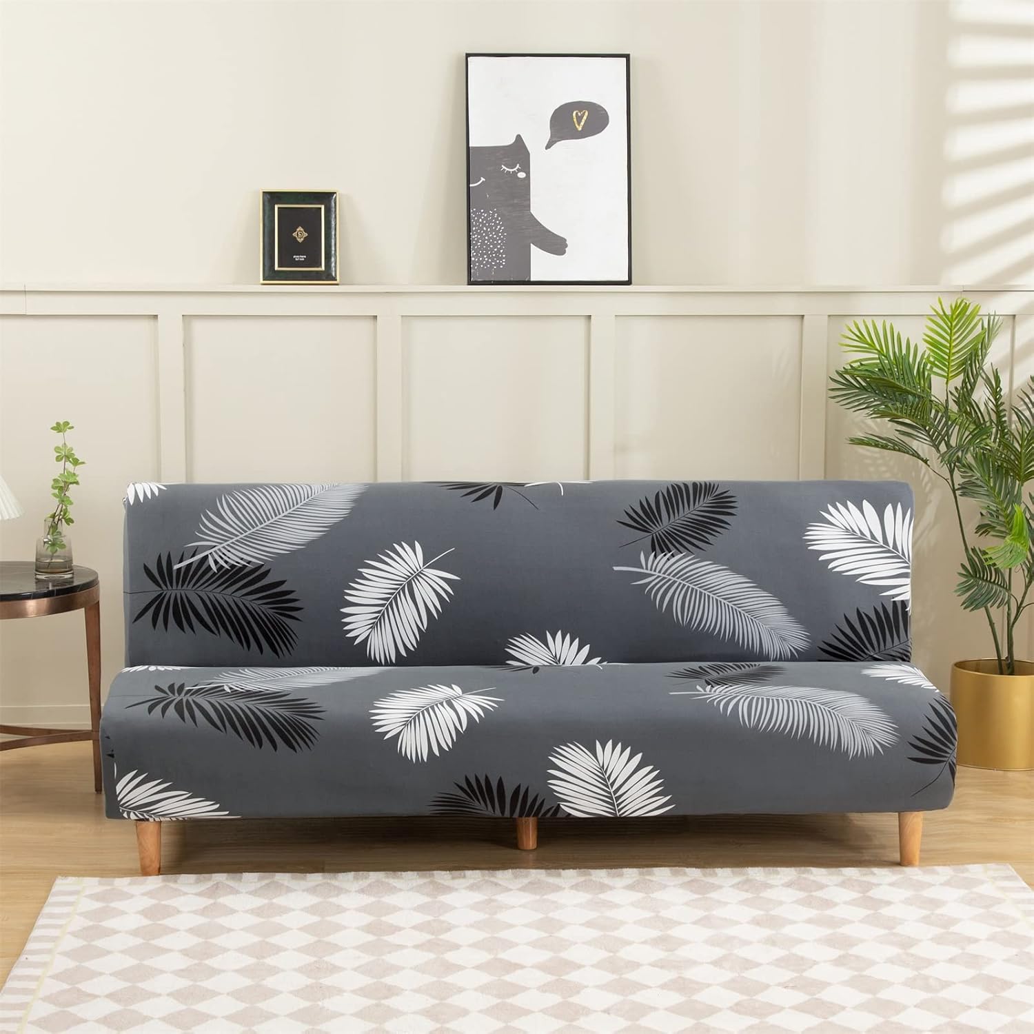 MIFXIN Armless Sofa Cover Futon Slipcover Stretch Elastic Folding Sofa Bed Non-Armrest Couch Furniture Protector Spandex Printed Washable Sofa Cover Without Armrests (Grey Feather)