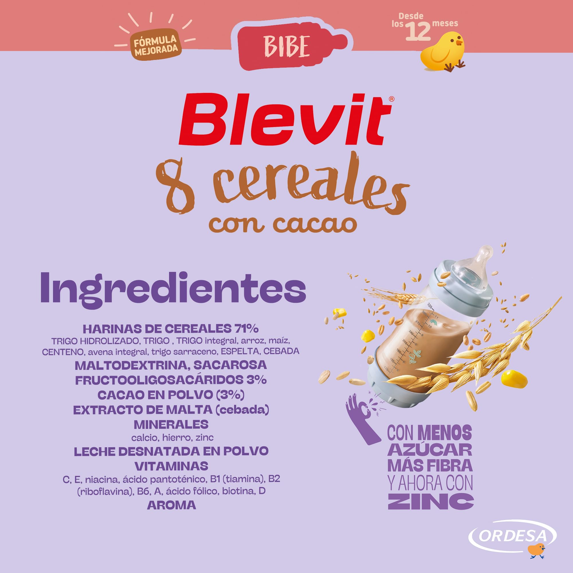 Blevit Bibe 8 Cereales con Cacao 500g Papilla para Bebé 12 meses 14 Vitaminas y Minerales