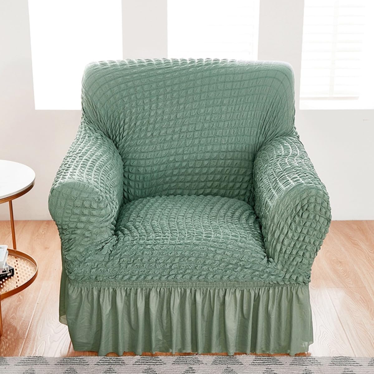 Stretch Recliner Sofa Cover Slipcover, Single Seat Elastic Fabric Protector with Skirt, Green Textured Gauze Material for Recliner Chair, Living Room Furniture Shield