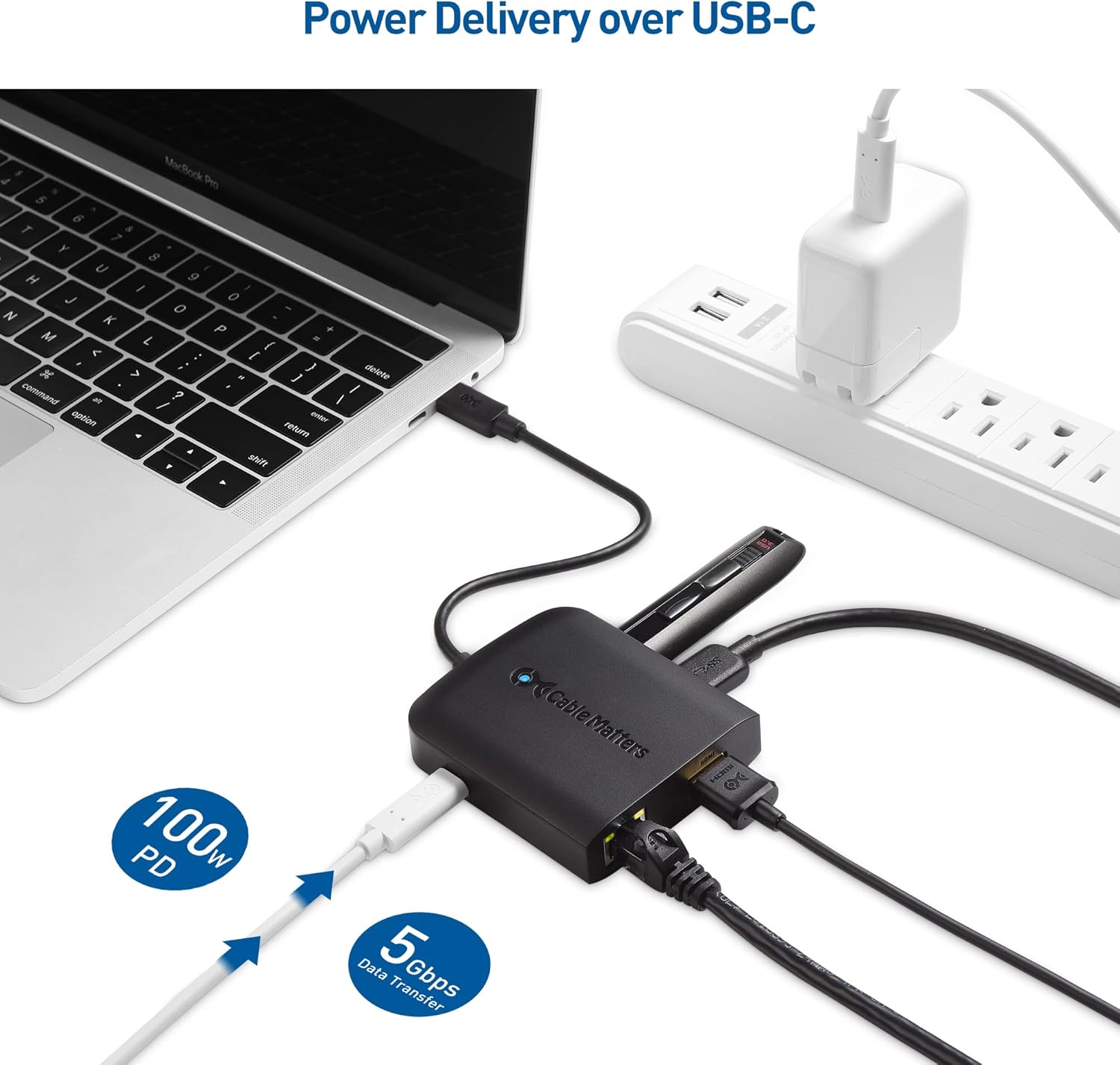 A television screen displaying '4K Ultra HD' and the Cable Matters USB C Hub connected to it.